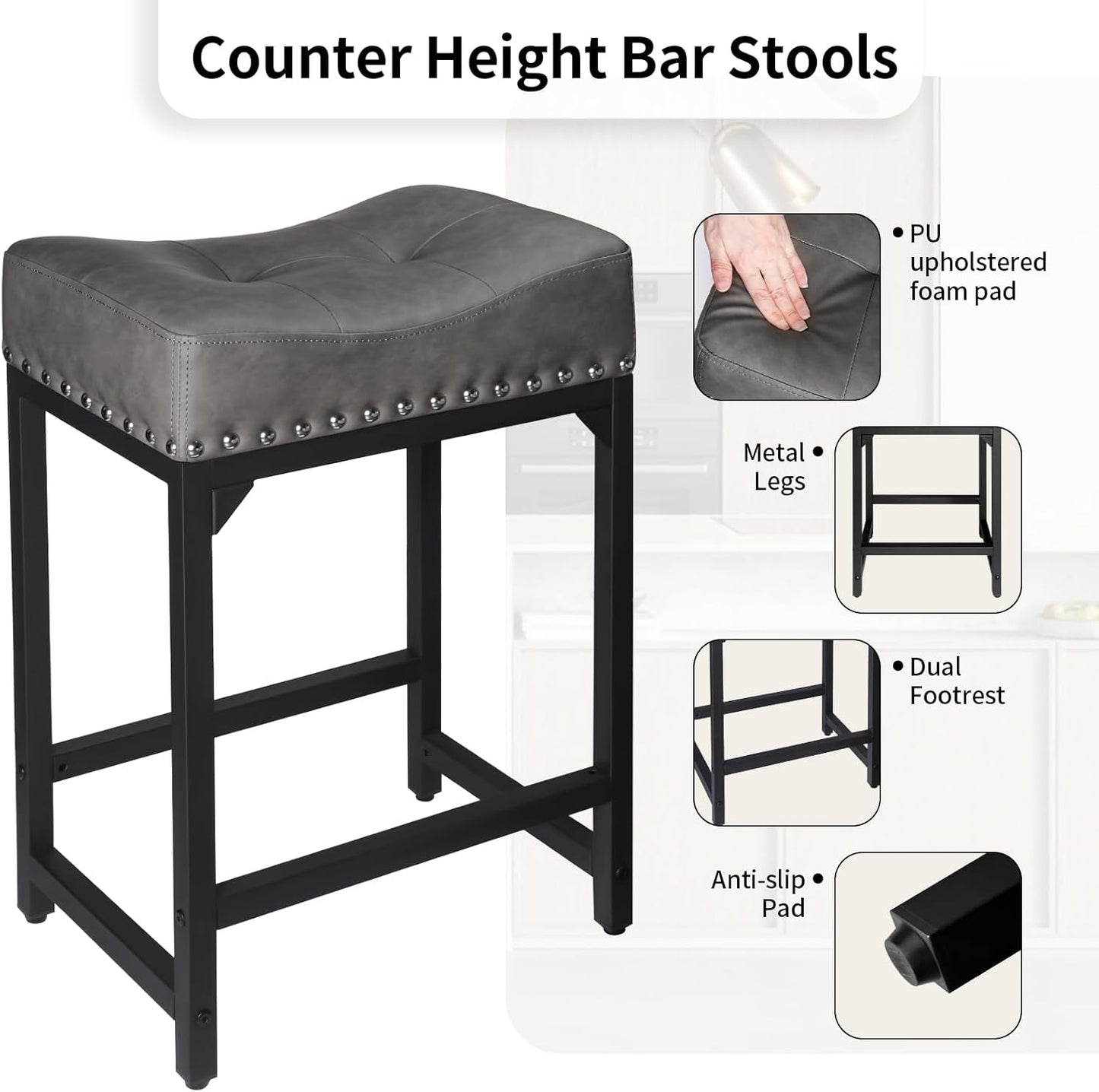 Counter Height Bar Stools Set of 2, Bar Stools for Kitchen Counter, 24 Inch Counter Stools Saddle Barstools with Metal Base for Pub, Bar, Kitchen Dining Room(Grey)