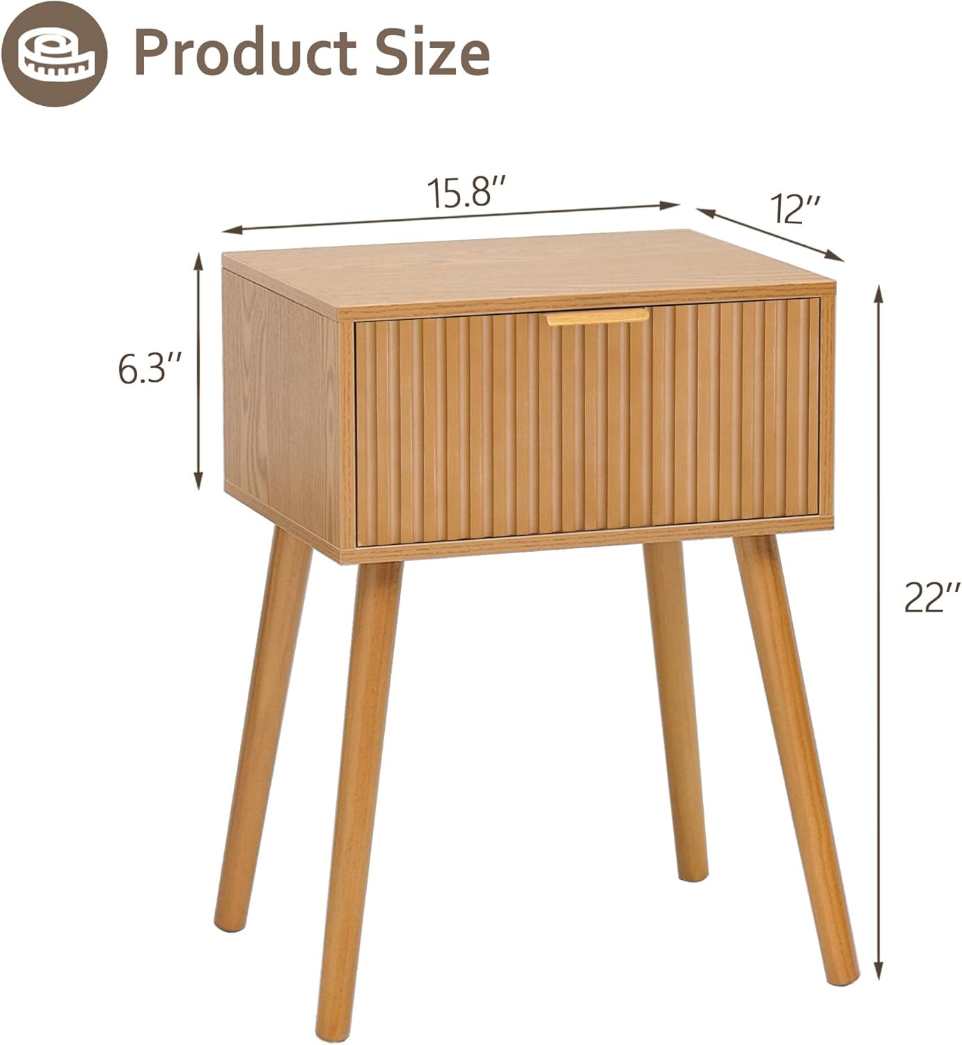 Fluted Nightstand, Small Bedside Table with Storage Drawer, Accent End Table Living Room for Bedroom and Small Space, Brown