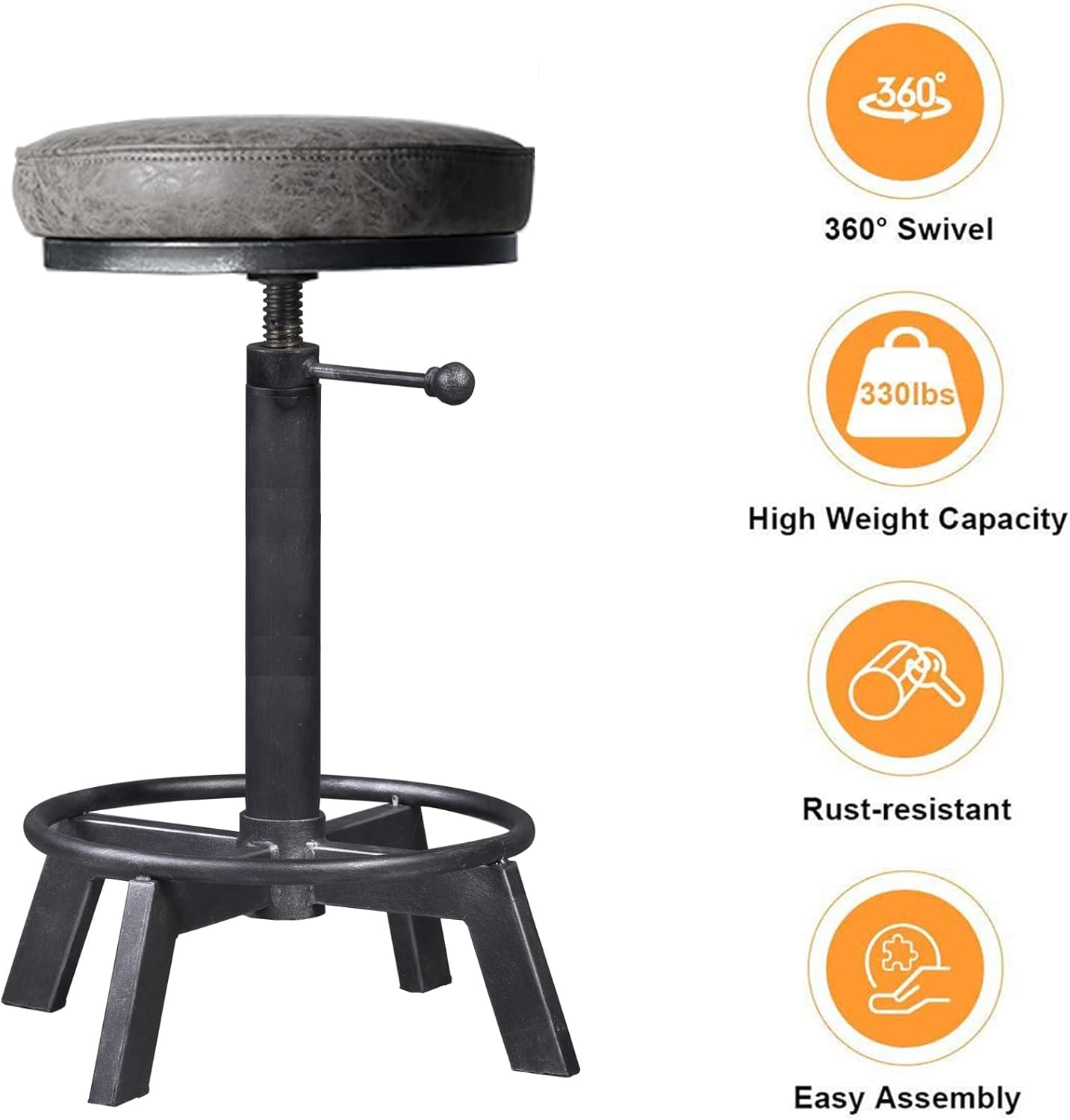 Rusitc Swivel PU Seat Bar Stools Industrial 24-28inch Height Adjustable Counter Island Stool Office Guest Chair