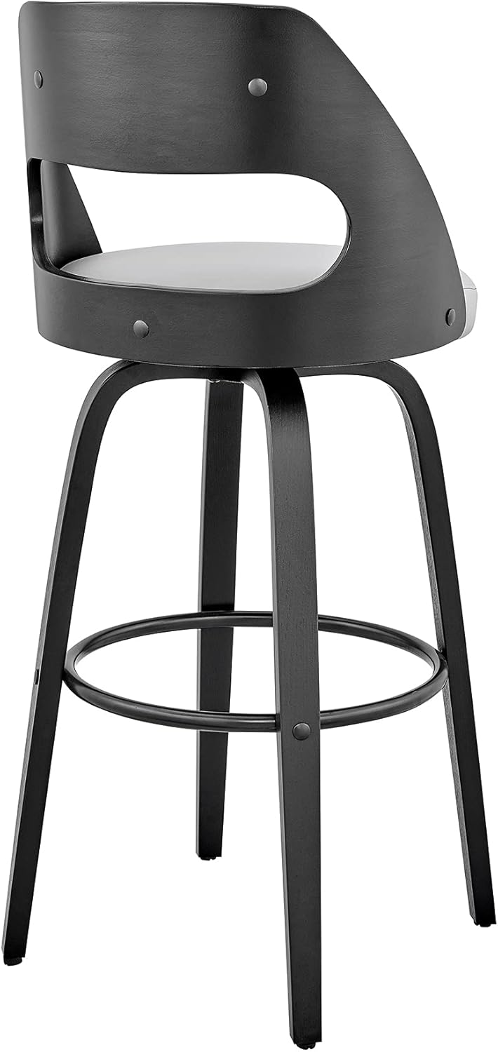 Armen Living Julius Mid Century Modern Swivel Bar Stool for Kitchen Island Counter in Gray Faux Leather and Black Wood, 26" Seat Height