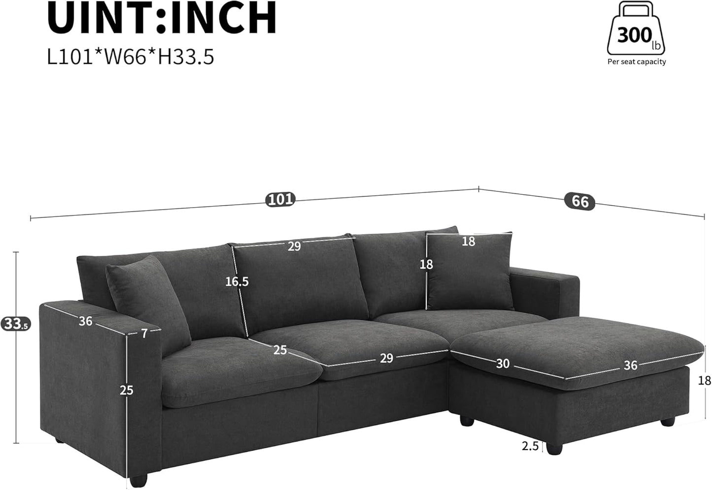 100" Modern Sectional Sofa with Convertible Ottoman,L-Shaped Couch Set W/ 2 Free Pillows,4-seat Polyester Fabric Indoor Luxury Furniture for Living Room, Apartment,Office,Dawn Grey