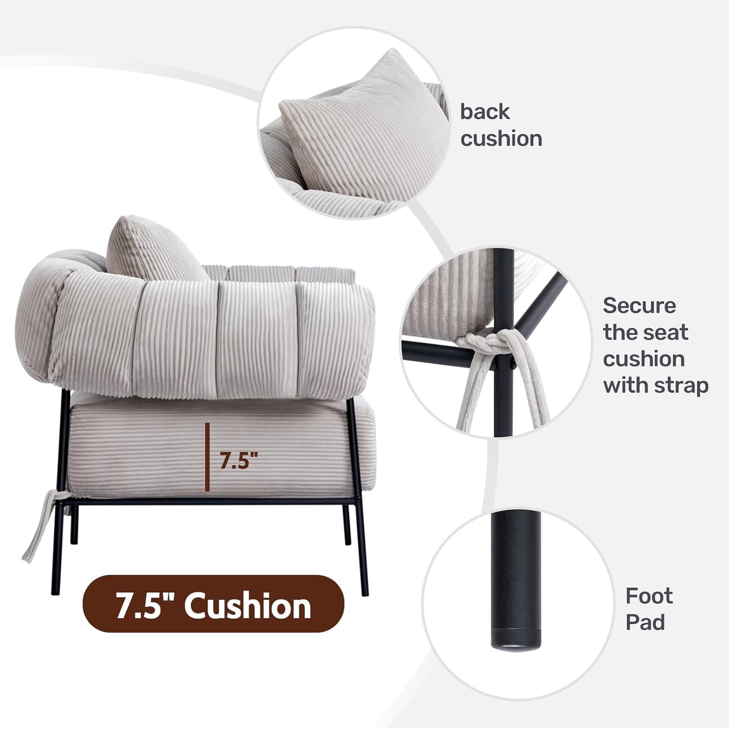 HollyHOME Modern Velvet Accent Chair, Upholstered Comfy Reading Chair, Fabric Large Lazy Arm Chair with Soft Cushion, Metal Frame Lounge Sofa Chair for Living Room, Bedroom, Balcony, Grey