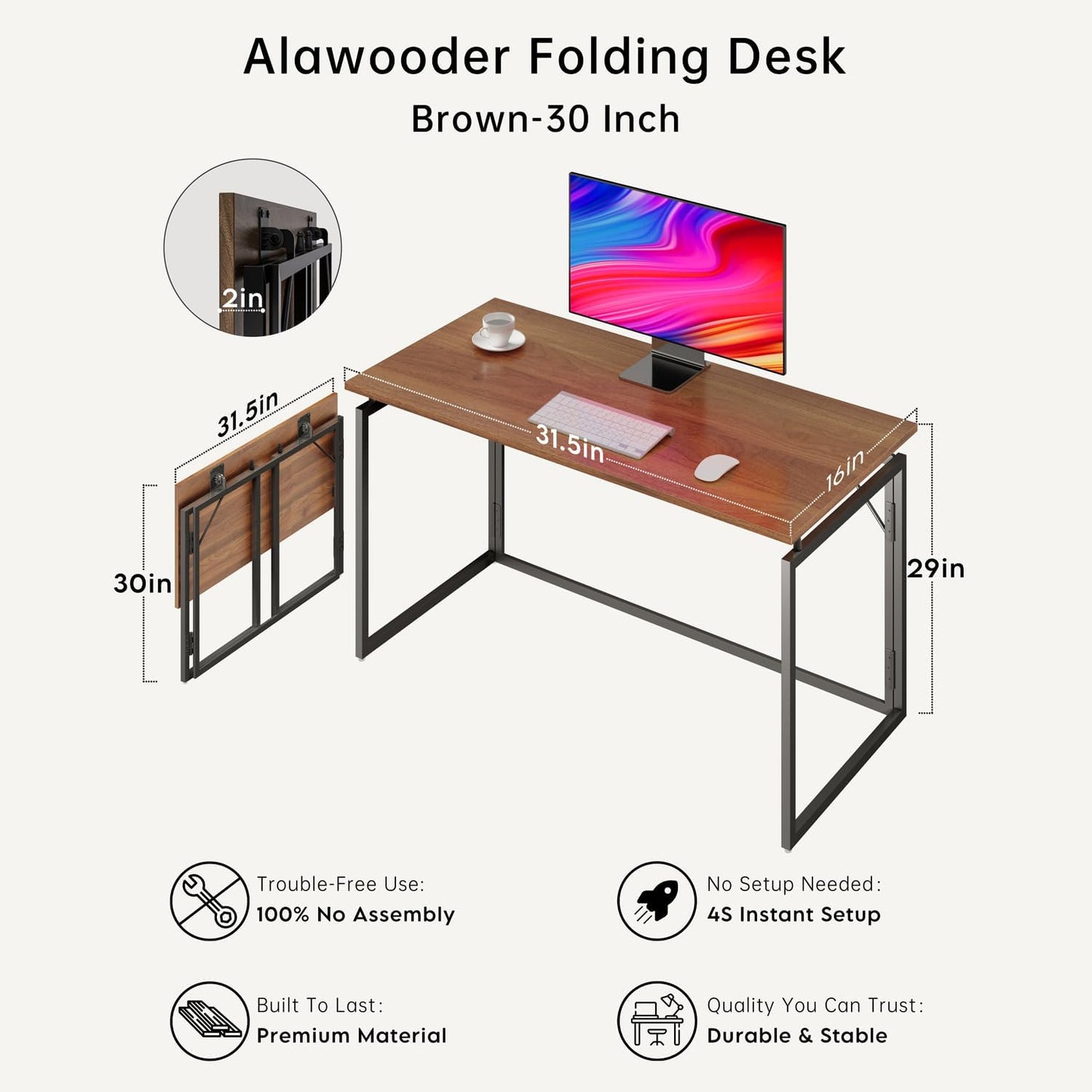 Folding Desk 30 Inch - No Assembly Small Foldable Desk for Small Space, Minimalist Space Saving Collapsible Compact Desk Portable Table for Craft, Writing, Study and Work