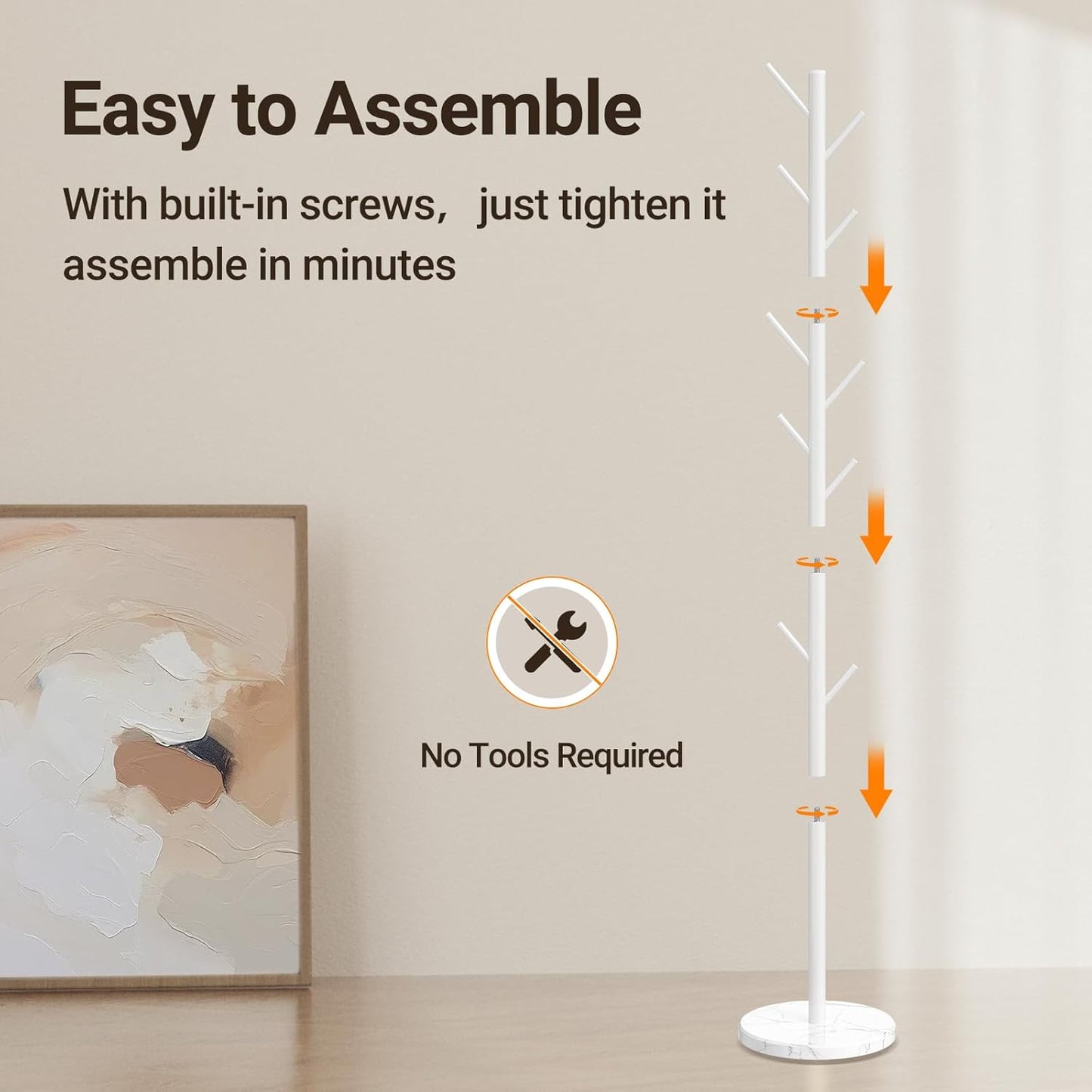 ELYKEN Coat Rack Freestanding with Natural Marble Base, Metal Coat Rack Stand with 10 Hooks, 3 Adjustable Size Coat Tree for Bags, Clothes, and Hats for Entryway, Bedroom, Hallway, Office, White