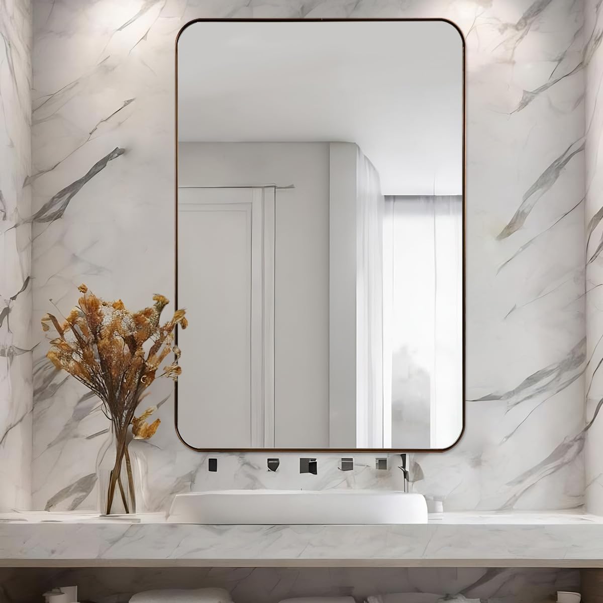 24x36 Inch Brushed Bronze Bathroom Mirror for Wall, Metal Framed Rectangle Mirror with Rounded Corner, Bathroom Vanity Mirror in Aluminum Alloy, Hangs Horizontally or Vertically