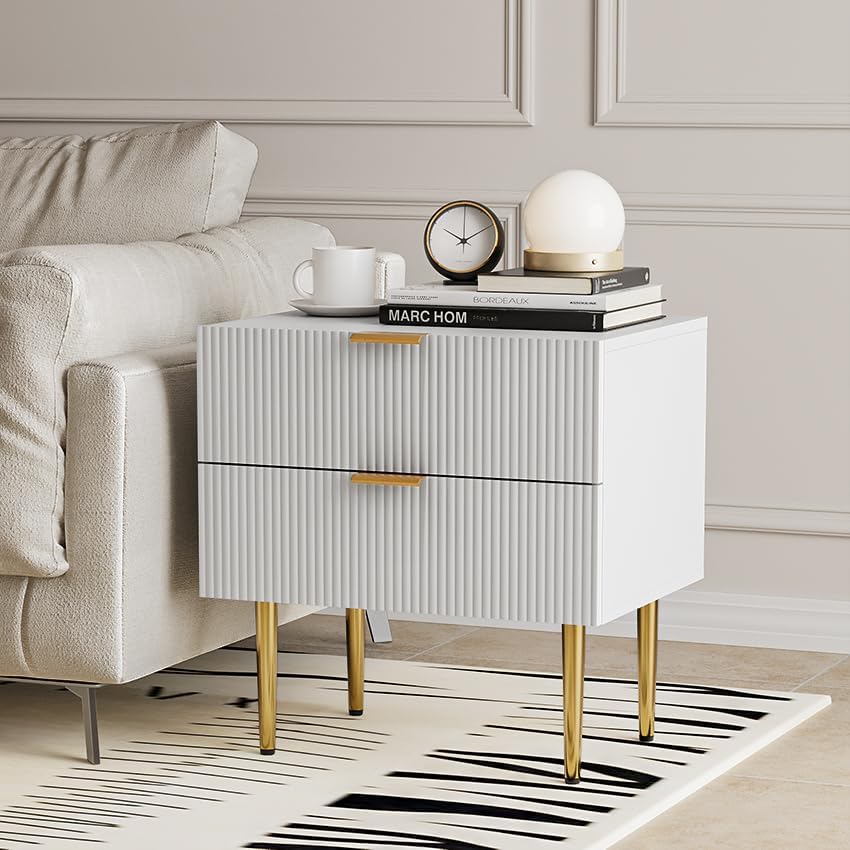 White Nightstand for Bedroom, Fluted Night Stand Set of 2, Mid Century Modern Bedside Table with Gold Metal Legs