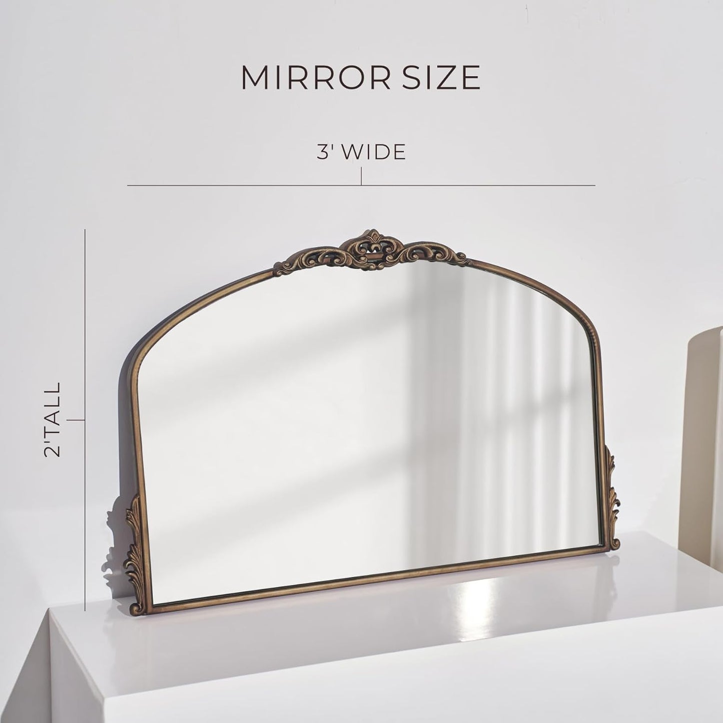 Distressed Antique Brass Wall Mirror Wide - 36x24 inch, Large Vintage Gold Fireplace Mantle Mirror, Baroque Ornate Decorative Bathroom Mirror for Over Sink