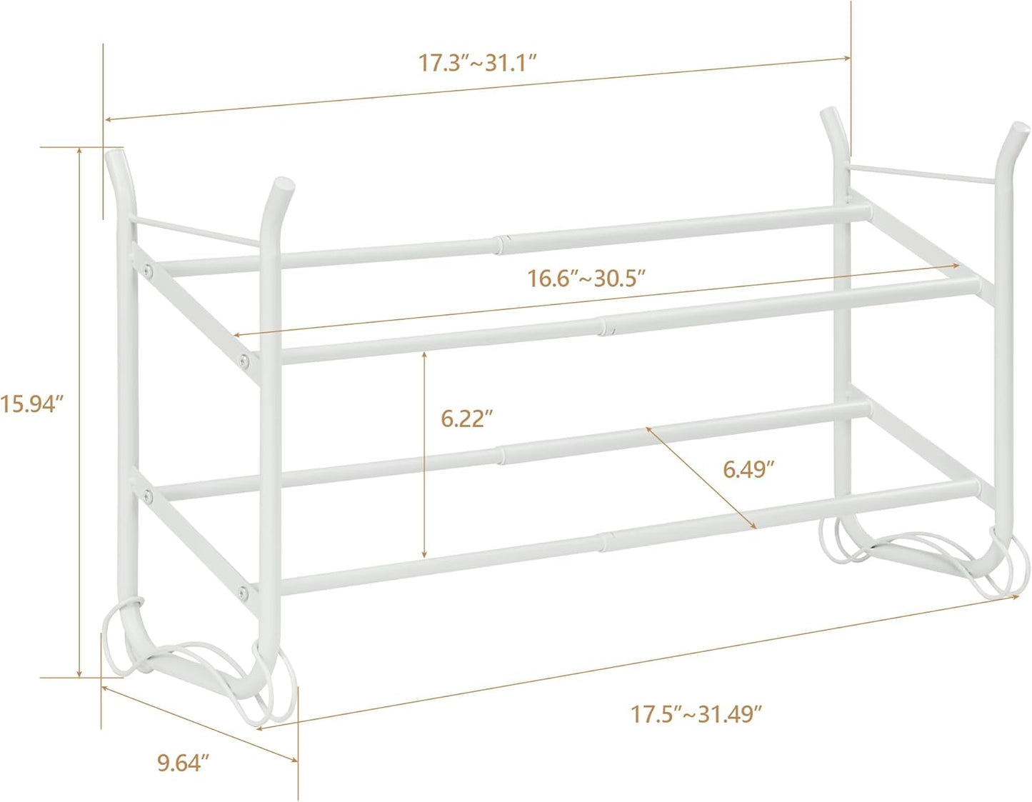 SunnyPoint Expandable & Stackable 2-Tier Shoe Rack – Adjustable Shoe Organizer for Entryway, Closet or Bedroom, Holds 4 to 8 Pairs, Space-Saving Metal Shoe Storage Shelf (17.5"–31.49" W) (WHT, 2 Tier)