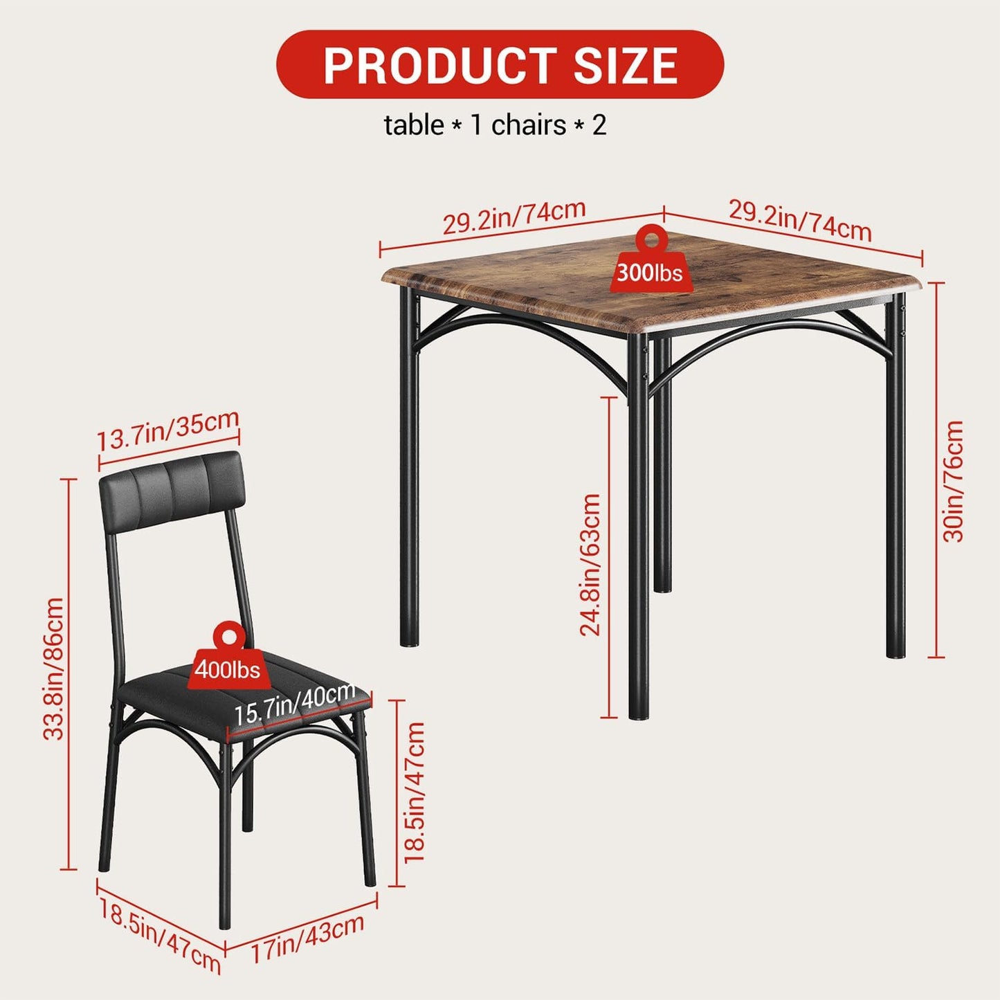 GarveeHome Dining Table Set for 2, Kitchen Table with 2 Upholstered Chairs, Wood Square Dining Table and Chairs Set for Small Space, Apartment, Dinner, Rustic Brown