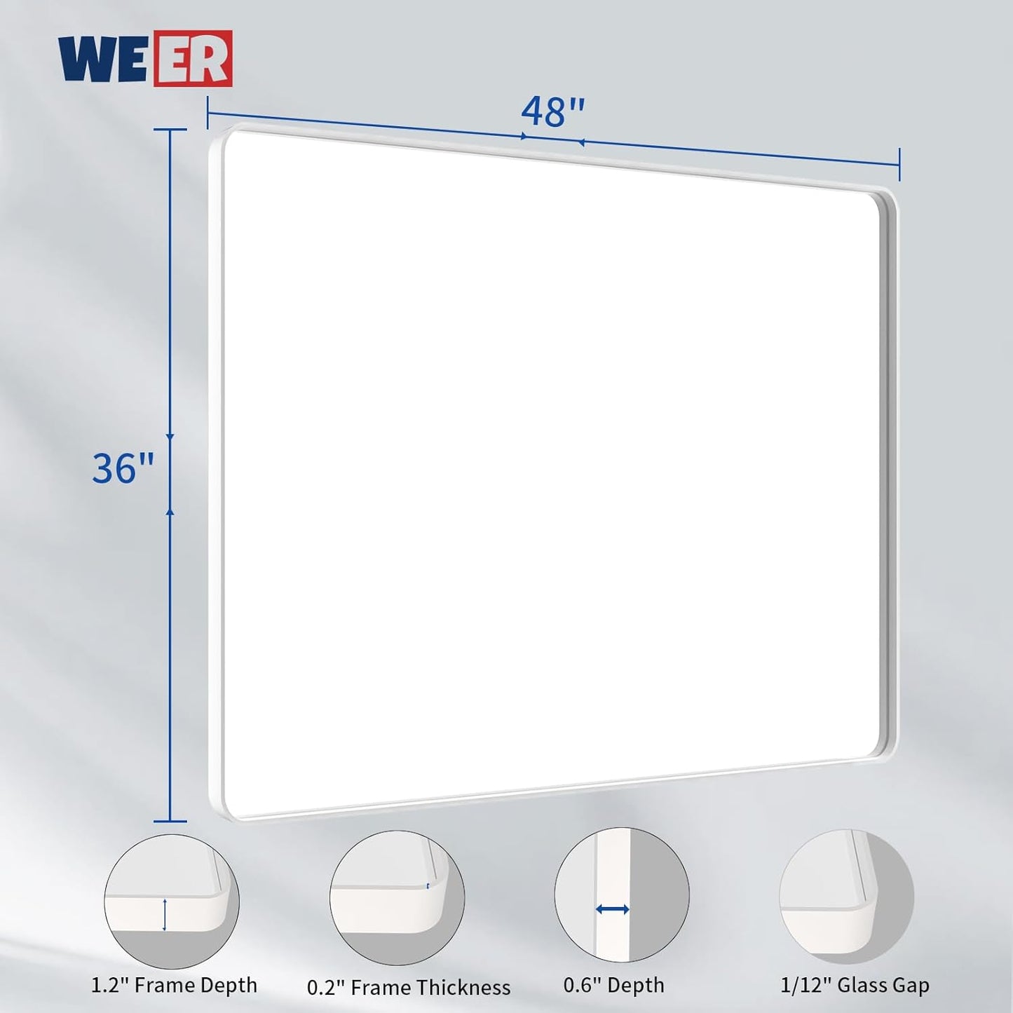 WEER White Bathroom Mirror 48X36 Inch, Rounded Rectangle White Metal Frame Mirror, Matte White Bathroom Vanity Mirror with Tempered Glass, Anti-Rust, Hangs Horizontally or Vertically