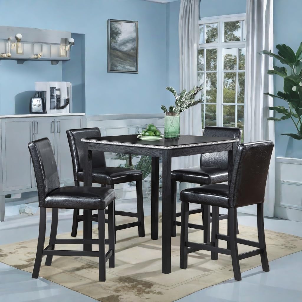 Counter Height Square Dining Table Set with 4 Upholstered Chairs - Easy to Assemble, Black