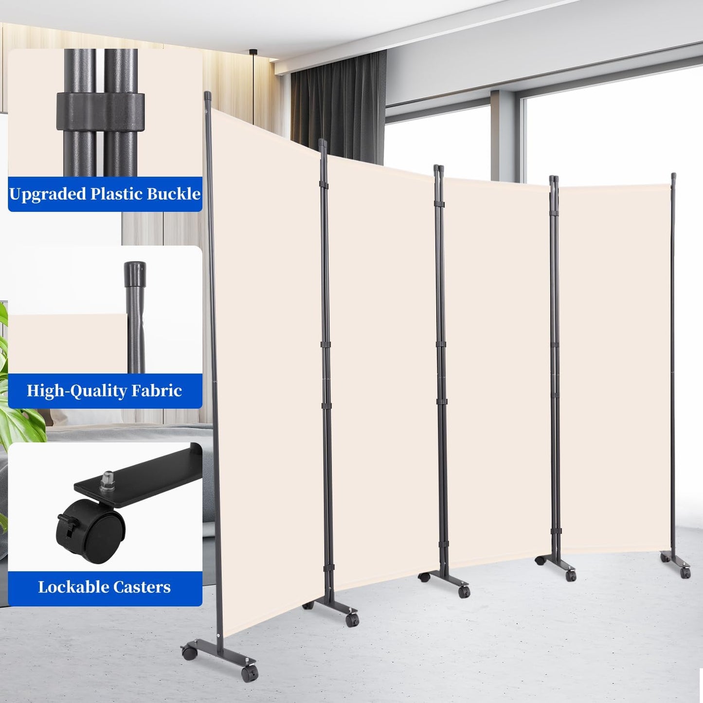 Room Divider 6FT Room Partition with Lockable Wheels, (Thicked Metal Base) Room Dividers, Freestanding Indoor Folding Privacy Screens, Portable Fabric Wall Divider for Separation, Beige