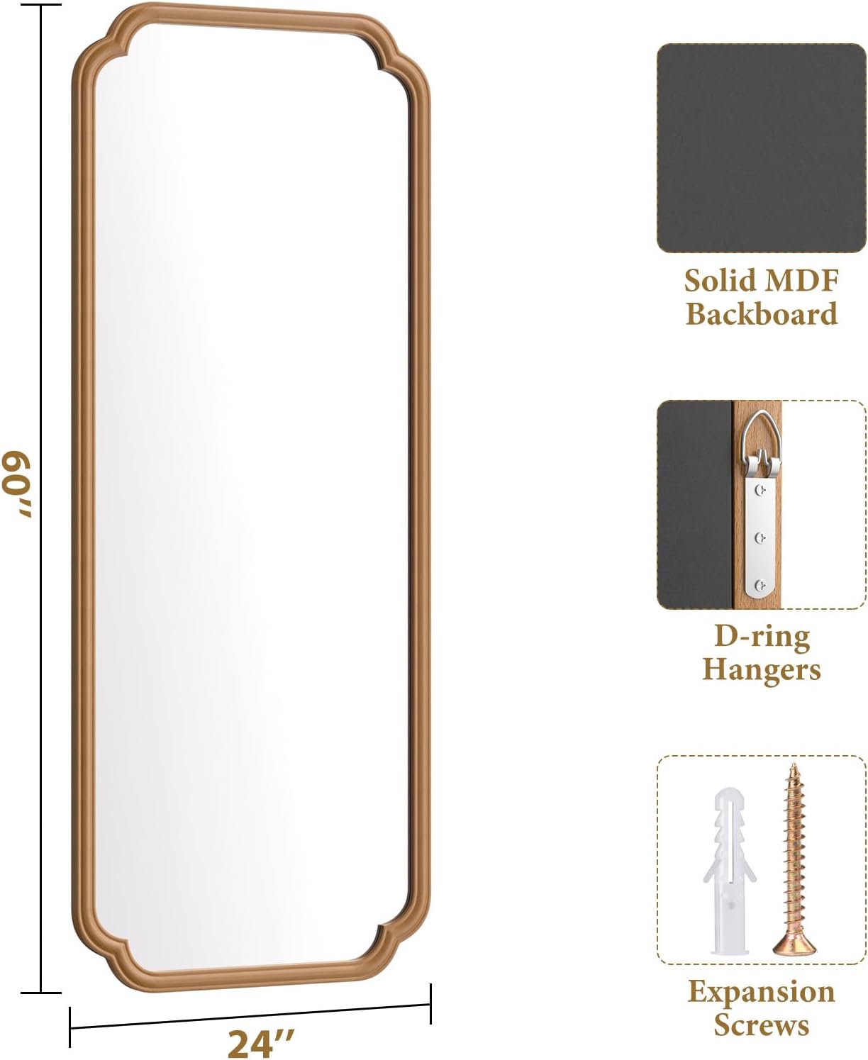 Natural Wood Framed Bathroom Mirror for Wall, 60X24 Inch Wood Bathroom Vanity Mirror Farmhouse, Large Rounded Rectangle Mirror, Tempered Glass, Hangs Horizontally or Vertically