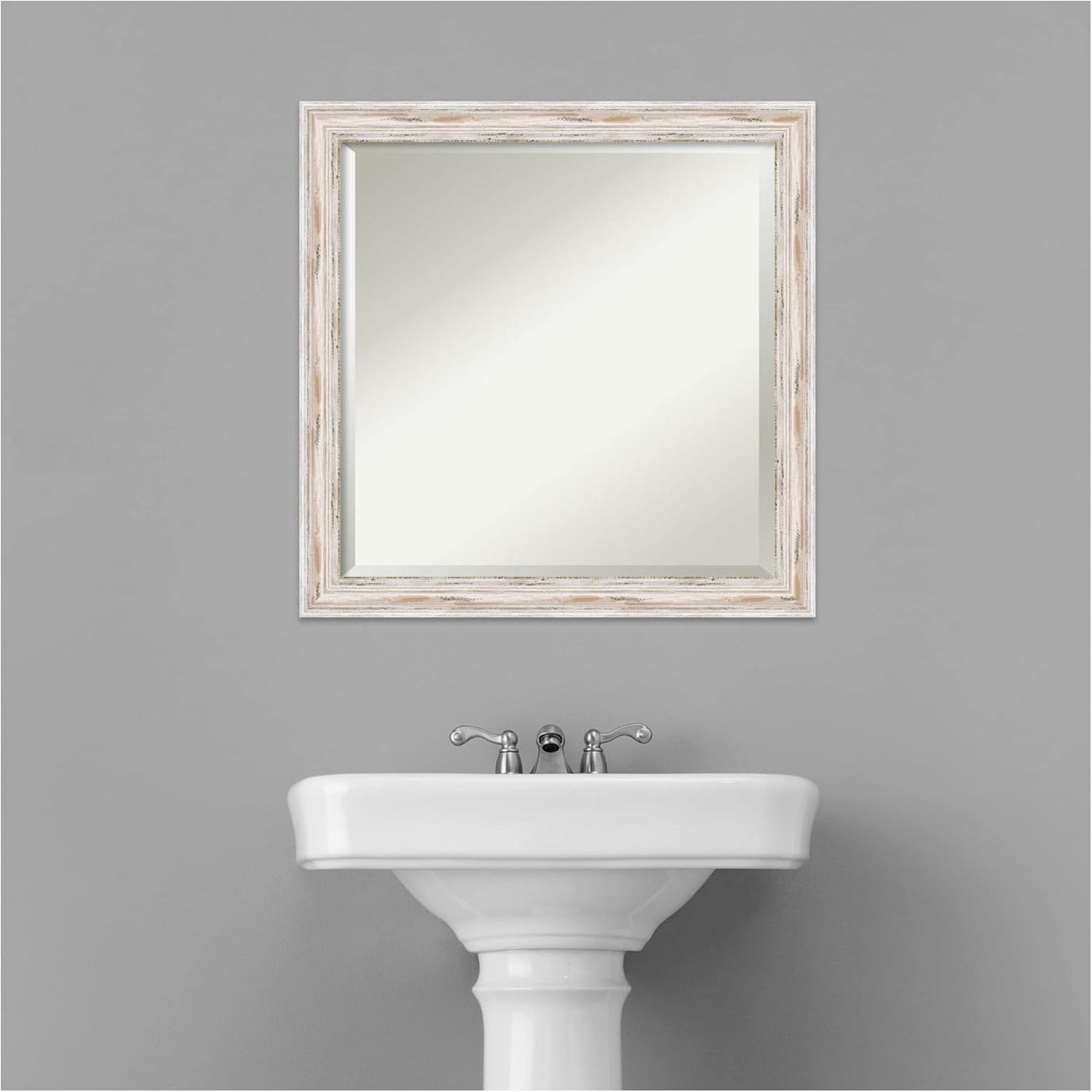 Amanti Art White Bathroom Mirror for Over Sink, 23x23 Alexandria White Wash Narrow Square Vanity Mirror, Medium Coastal Wood Frame, Hangs Horizonally and Vertically, Bathroom Wall Decor, Beveled Edge