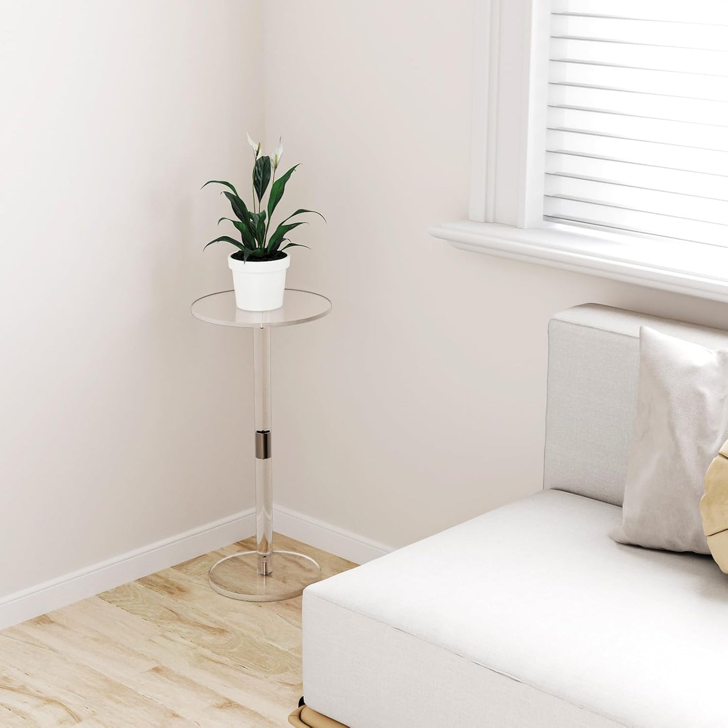 HMYHUM Acrylic Drink Table for Small Spaces, 10" L x 10" W x 21.3" H, Drink Side/End Table for Living Room, Round, Easy Assembly, Clear