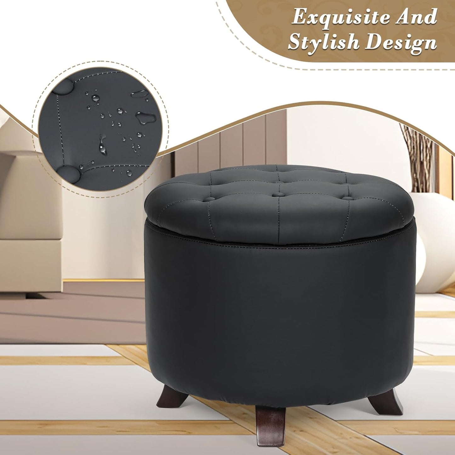 Athena Collection 20 Inch Small Ottoman with Storage, Round PU Leather Storage Ottoman with Removable Lid, Stylish Footstool Foot Rest for Living Room, Bedroom, Dorm, Black