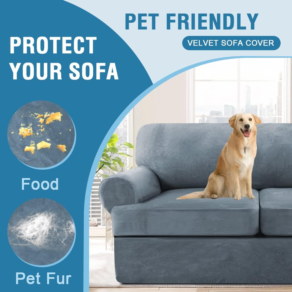 H.VERSAILTEX Sofa Cover 4 Piece T Cushion Sofa Slipcovers Thick Velvet Couch Cover Furniture Protector Stretch Sofa Covers for 3 Cushion Couch with 3 Individual Covers Washable, Stone Blue