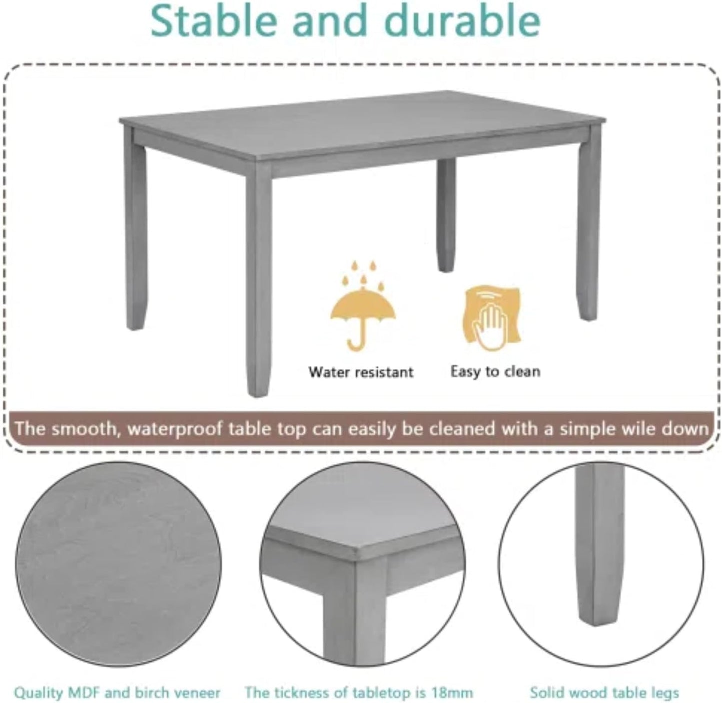 6-Piece Dining Table Set for 4-6 People, Kitchen Set with 4 Upholstered Chairs and One Bench, Living Room Chairs with Slatted Backrest, Rectangular Wooden Table for Home Bar and Kitchen, Gray