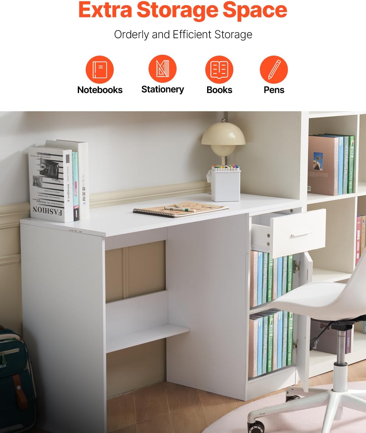 VEVOR Small Desk with Drawers, Wooden Table for Home Office, Small Computer Desk with Storage, Vanity Desk with Drawers, Study Table for Adults/Students for Drawing, Reading, Writing, White