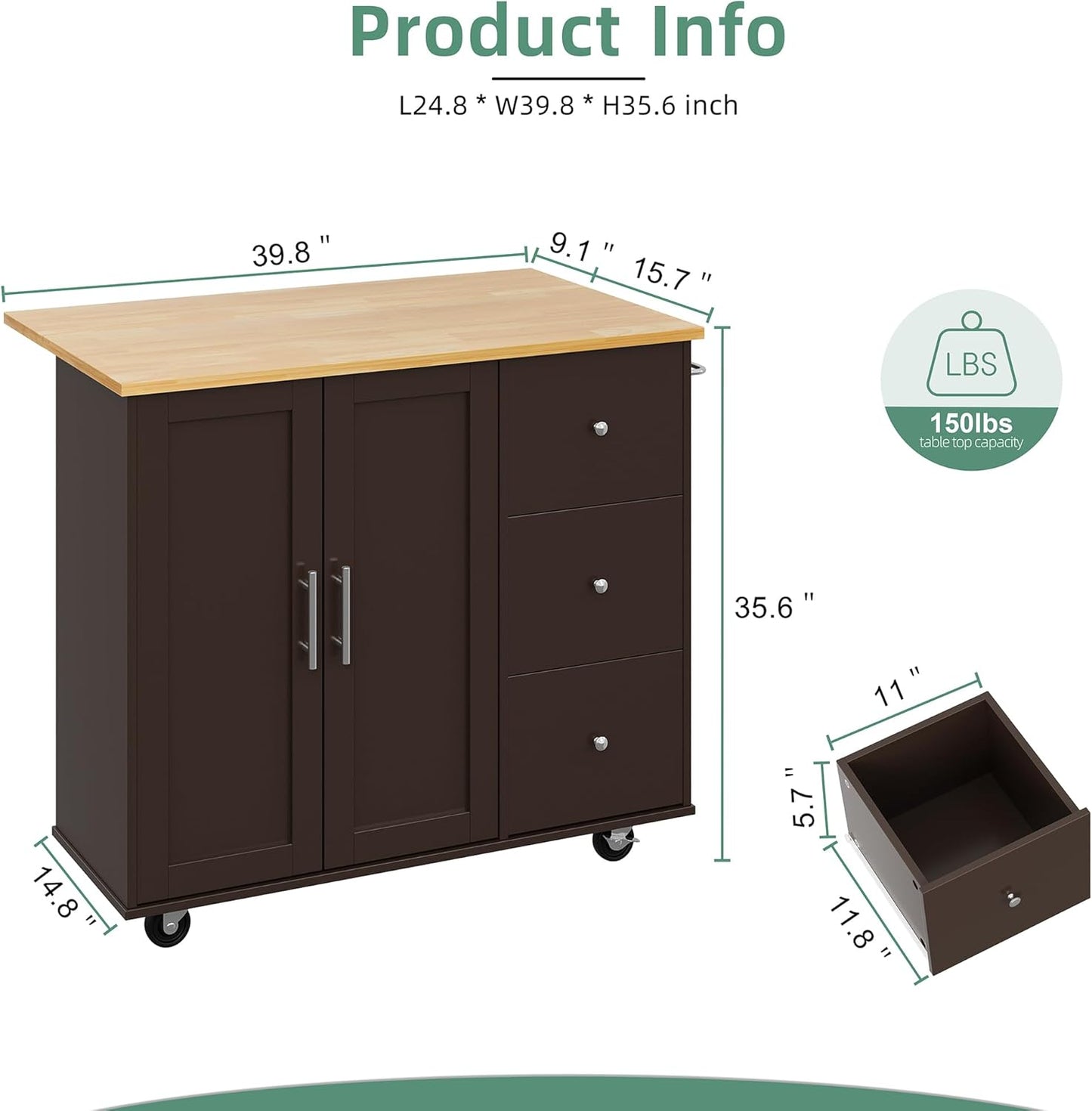 Shintenchi Rolling Kitchen Island Cart with Folding Drop Leaf Breakfast Bar, Portable Trolley Island with Large Storage Cabinet, Shelf and Drawer, Brown