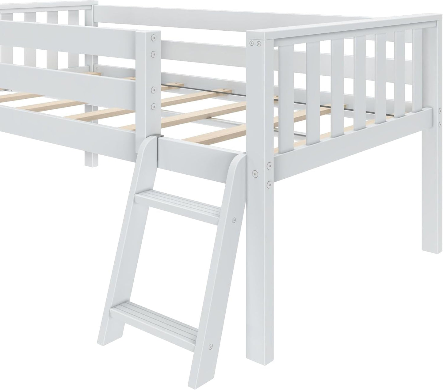 Max & Lily Twin Ultra Low Loft Bed with Slide and Climbing Ladder, Solid Wood Bed for Kids, Space Saving Design for Small Rooms, Twin Size Loft Bed with 14 Inch Guardrails, Anti Slip Steps, White