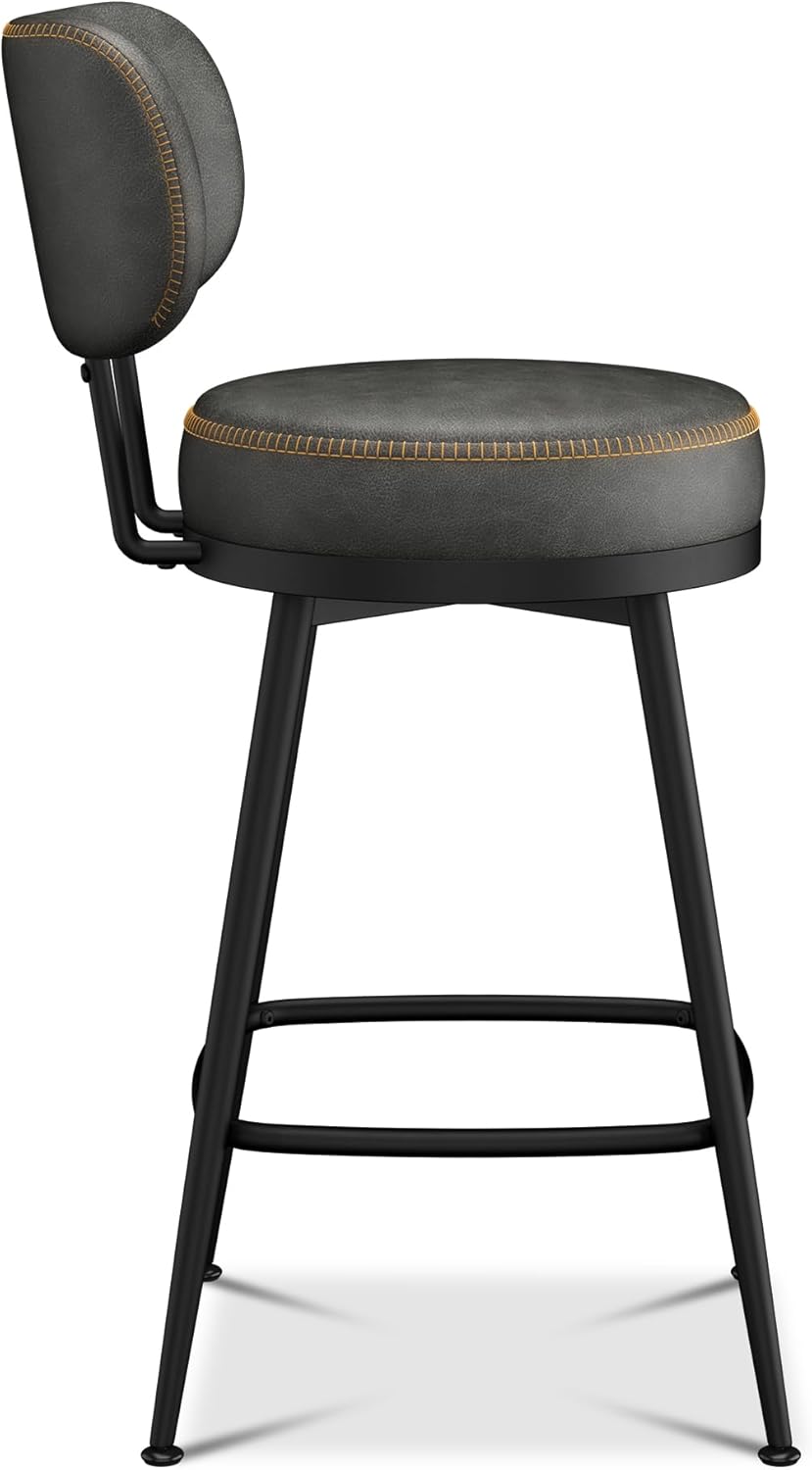 Counter Height Bar Stools, 26" H Swivel Barstools Set of 2, Faux Leather Kitchen Counter Stools with Back and Stylish Stitching, Metal Frame, Pub, Home Bar, Black Grey