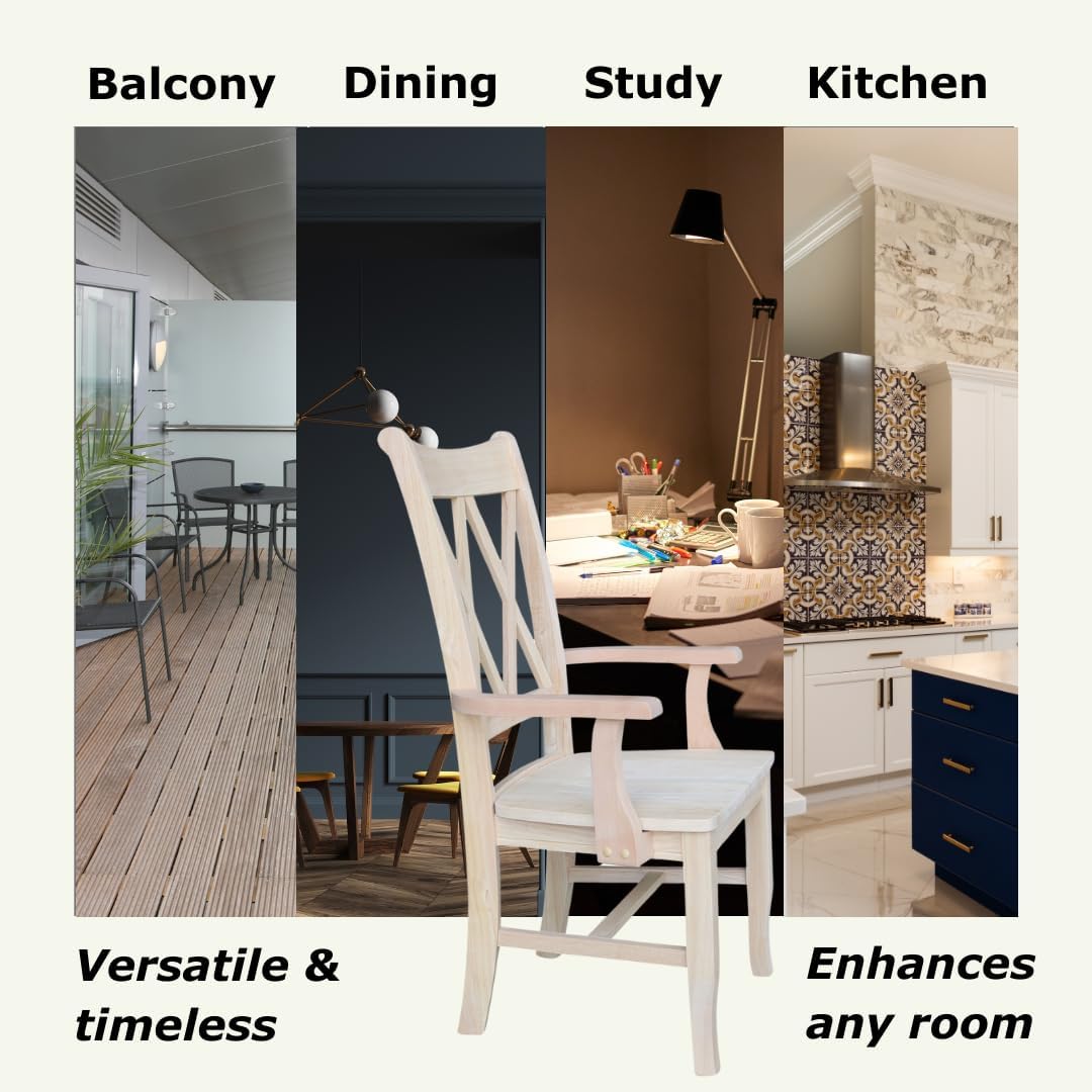 Solid Wood Double X-Back Dining Chair with Arms in Unfinished Parawood, Classic Kitchen/Dining Furniture, Stainable & Paintable, 23.6" W x 22" D x 41.3" H, Wide Arm Width, Traditional & Durable