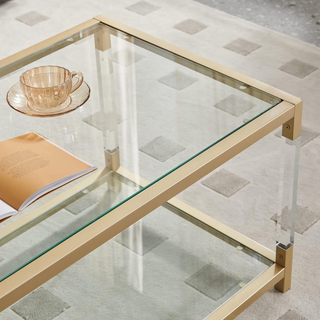 AGV LIGHTING 202205 BLEVIO Coffee Table, Modern Design Dual-Layer Coffee Table, Perfect for Living Space, Ultra-Clear Glass Top, Transparent Acrylic Leg & Gold Finish Metal Frame