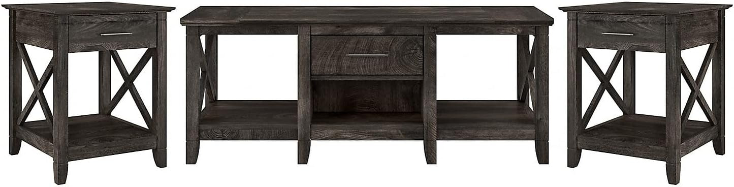 Bush Furniture Key West Coffee Table with Set of 2 End Tables in Dark Gray Hickory