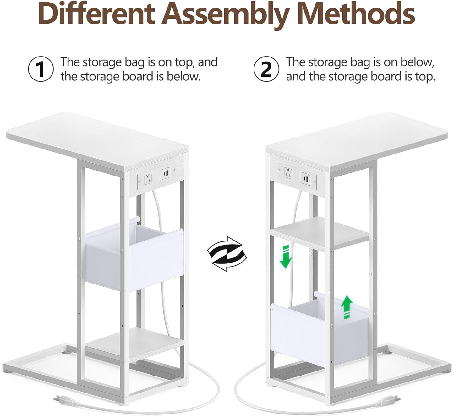C Shaped End Table with Charging Station, Small Side Table for Couch Recliner, Slide Under Sofa Desk Snack Tables with Storage Bag & AC / USB Outlet, Small Spaces Drink Tables for Living Room, Bedroom