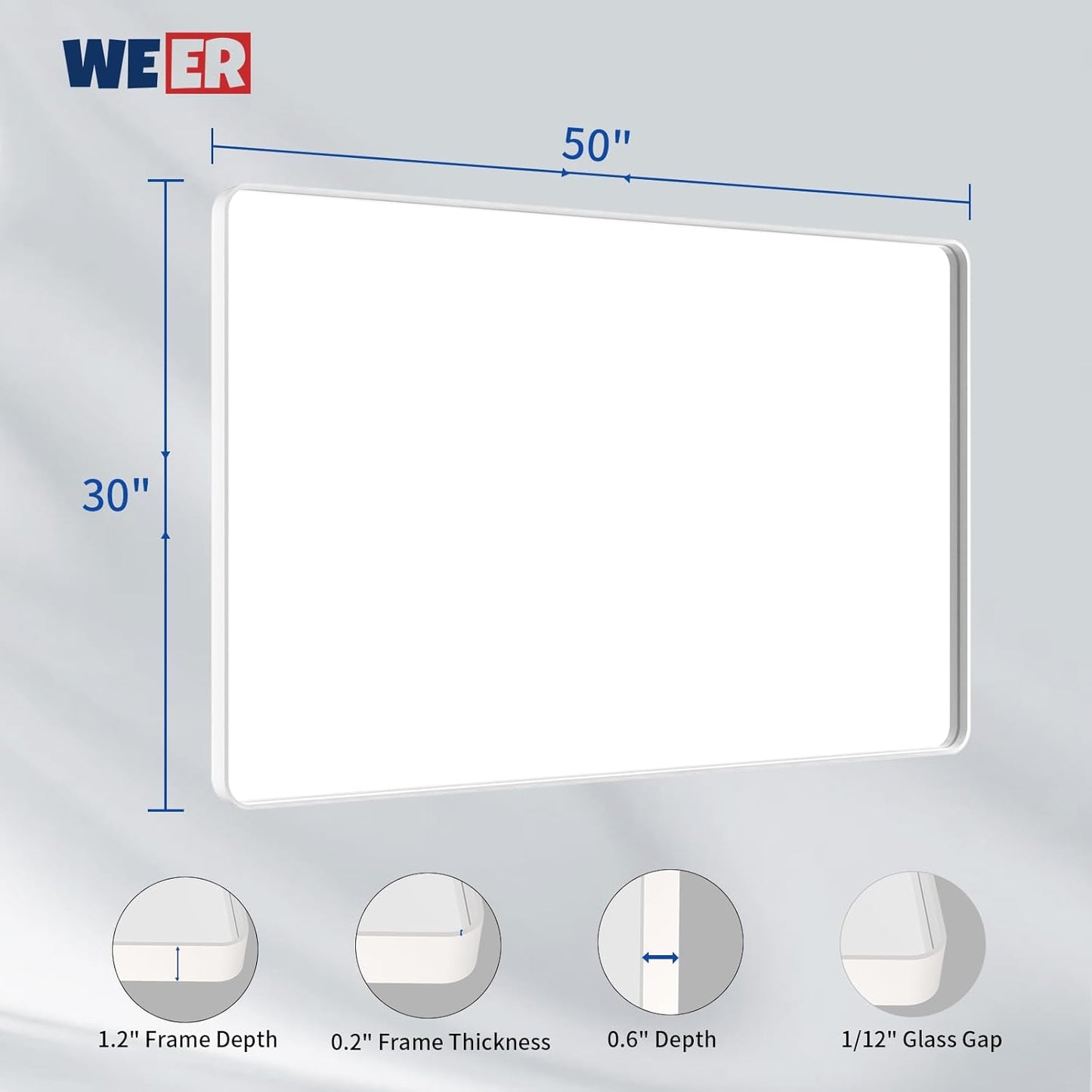WEER White Bathroom Mirror 50X30 Inch, Rounded Rectangle White Metal Frame Mirror, Matte White Bathroom Vanity Mirror with Tempered Glass, Anti-Rust, Hangs Horizontally or Vertically