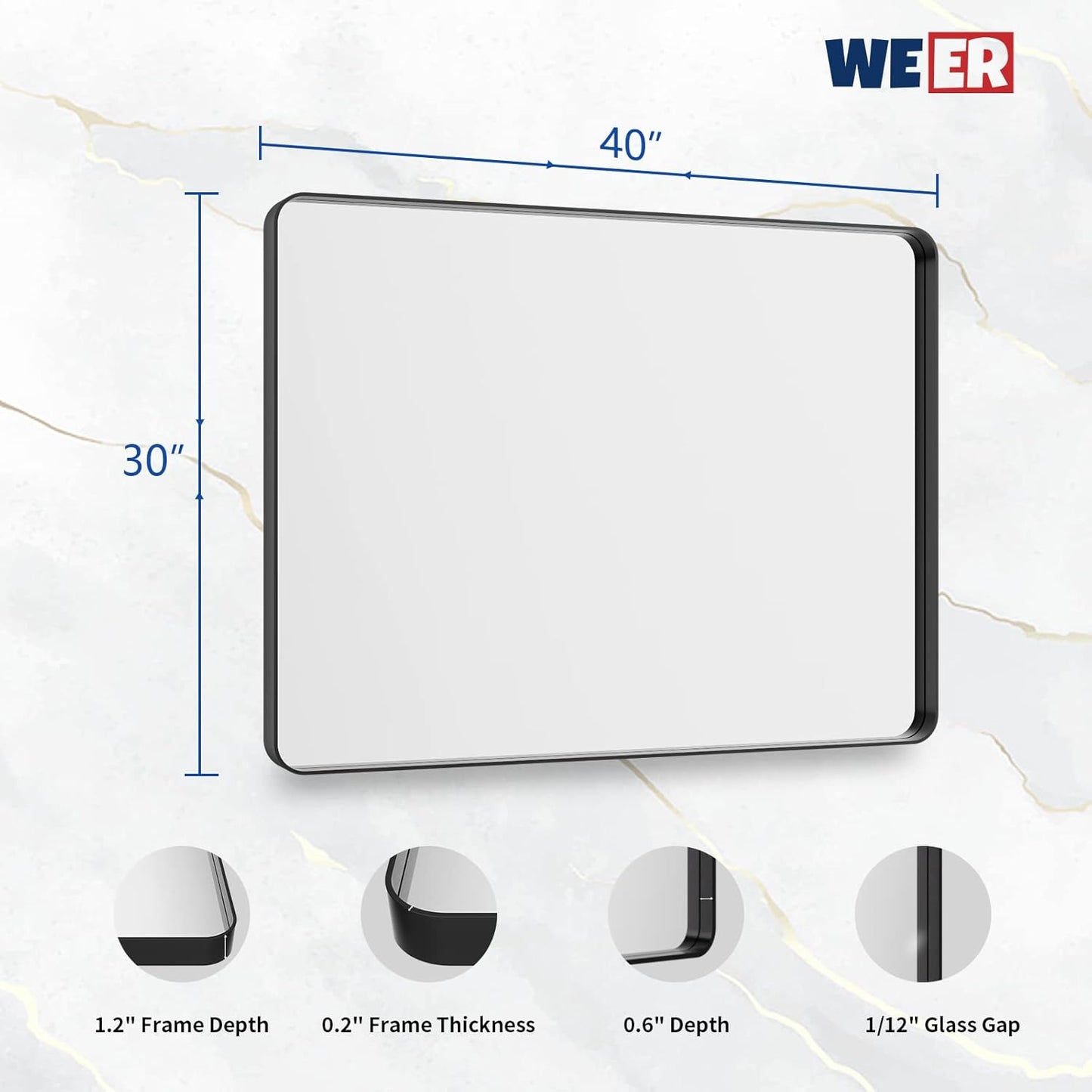 WEER Black Bathroom Mirror, 40X30 Inch Rectangular Black Metal Framed for Wall, Farmhouse Bathroom Vanity Mirror with Tempered Glass, Rounded Corner, Anti-Rust (Horizontal/Vertical)
