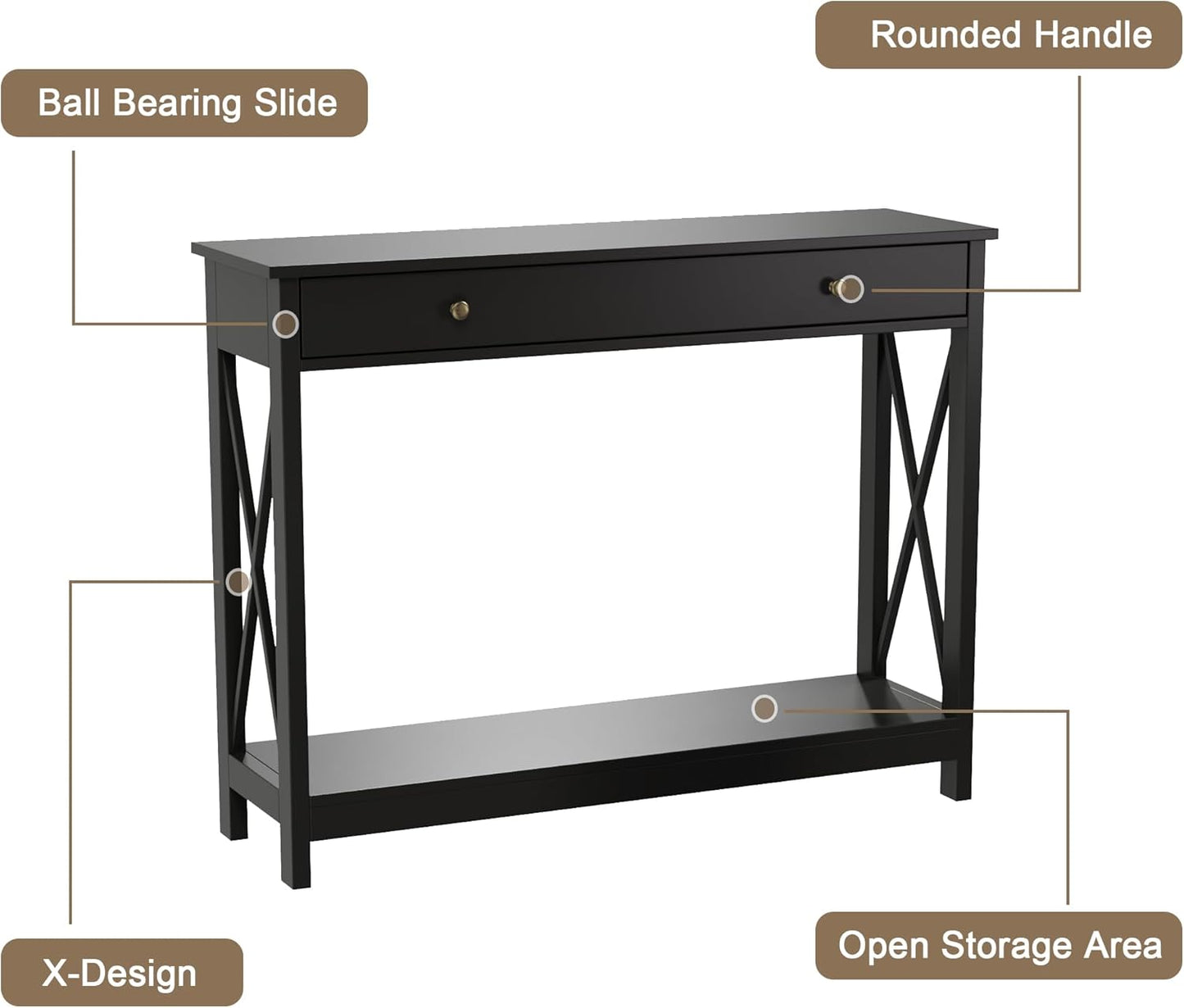Treocho Black Console Table with Drawer and Storage Shelves, Foyer Sofa Table Narrow for Entryway, Living Room, Hallway
