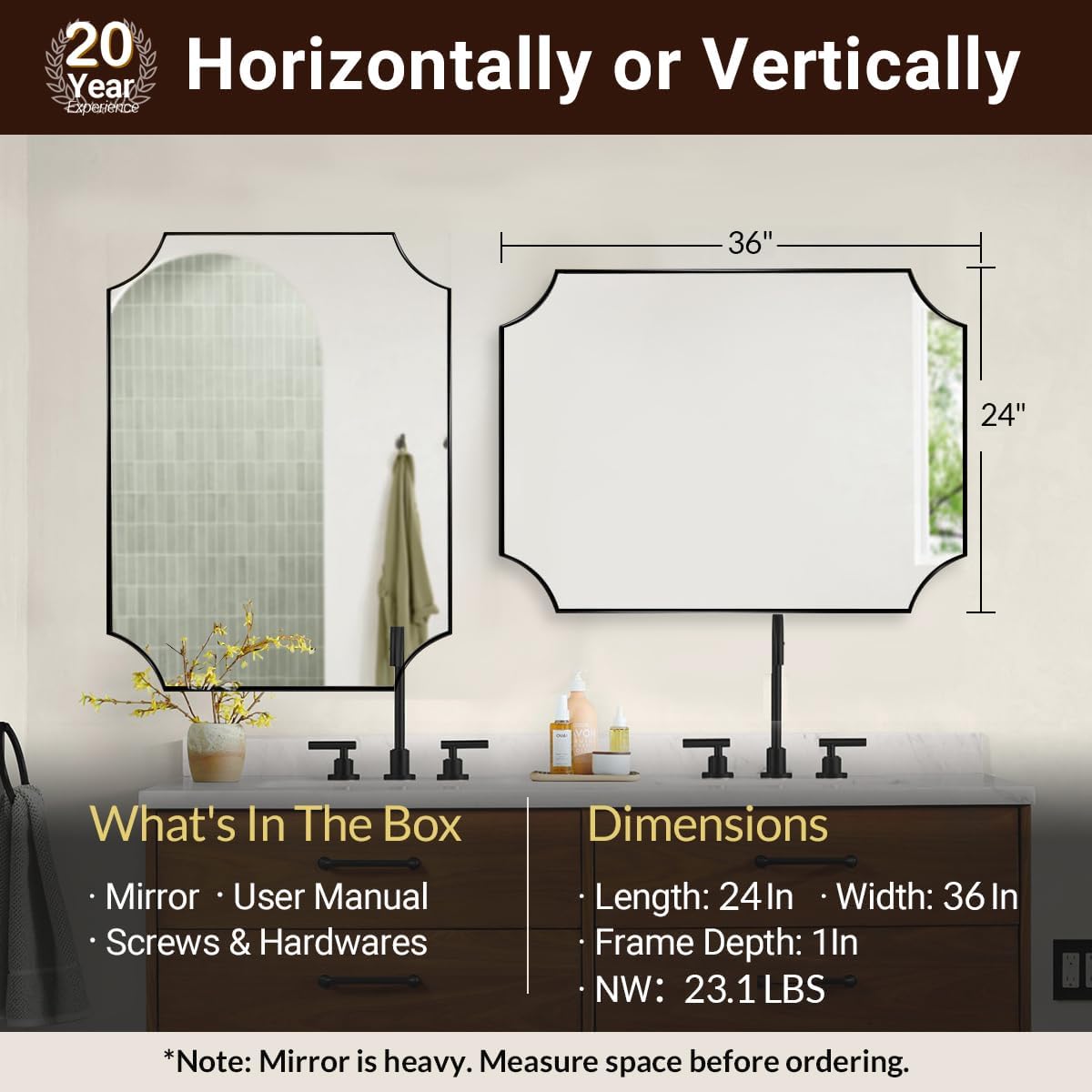 ANDY STAR 24x36 Inch Black Mirror, Matte Black Scalloped Wall Mirror, Modern Black Framed Mirror with Sophisticated Scalloped Design, Glass Panel Wall-Mounted Mirror Hangs Vertical or Horizontal