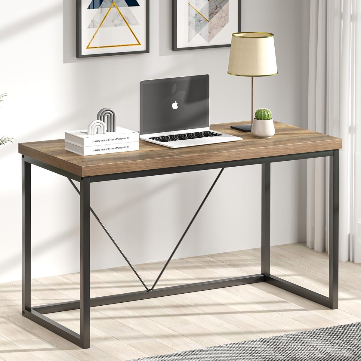 FOLUBAN Modern Home Office Desk, Rustic Wood and Metal Computer Desk, Industrial Study Writing Gaming Table Workstation, Vintage Laptop PC Desk, Oak 47 Inch