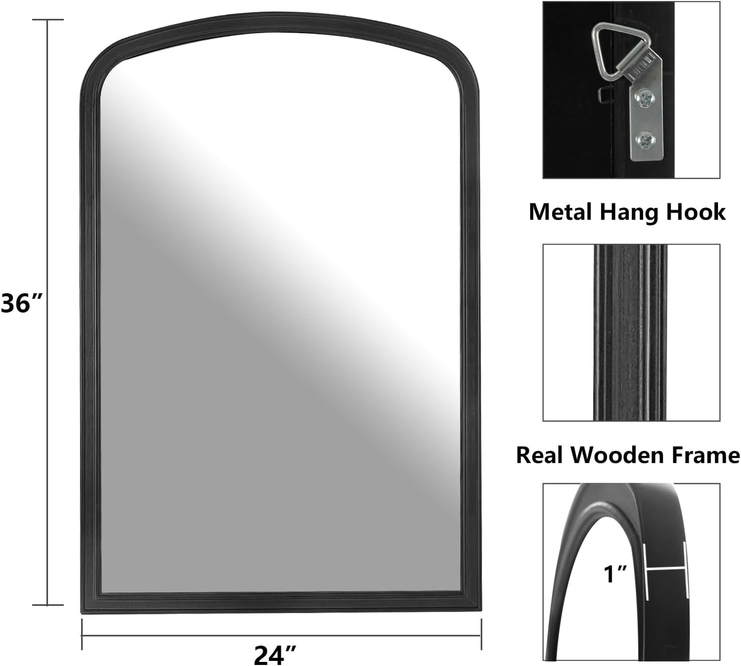 HOMECOOKIN Wood Arched Mirror for Bathroom, 24" x 36" Farmhouse Rustic Arched Wall Mirror Wood Framed Vanity Mirror for Home Decor Entryway Living Room (Black)