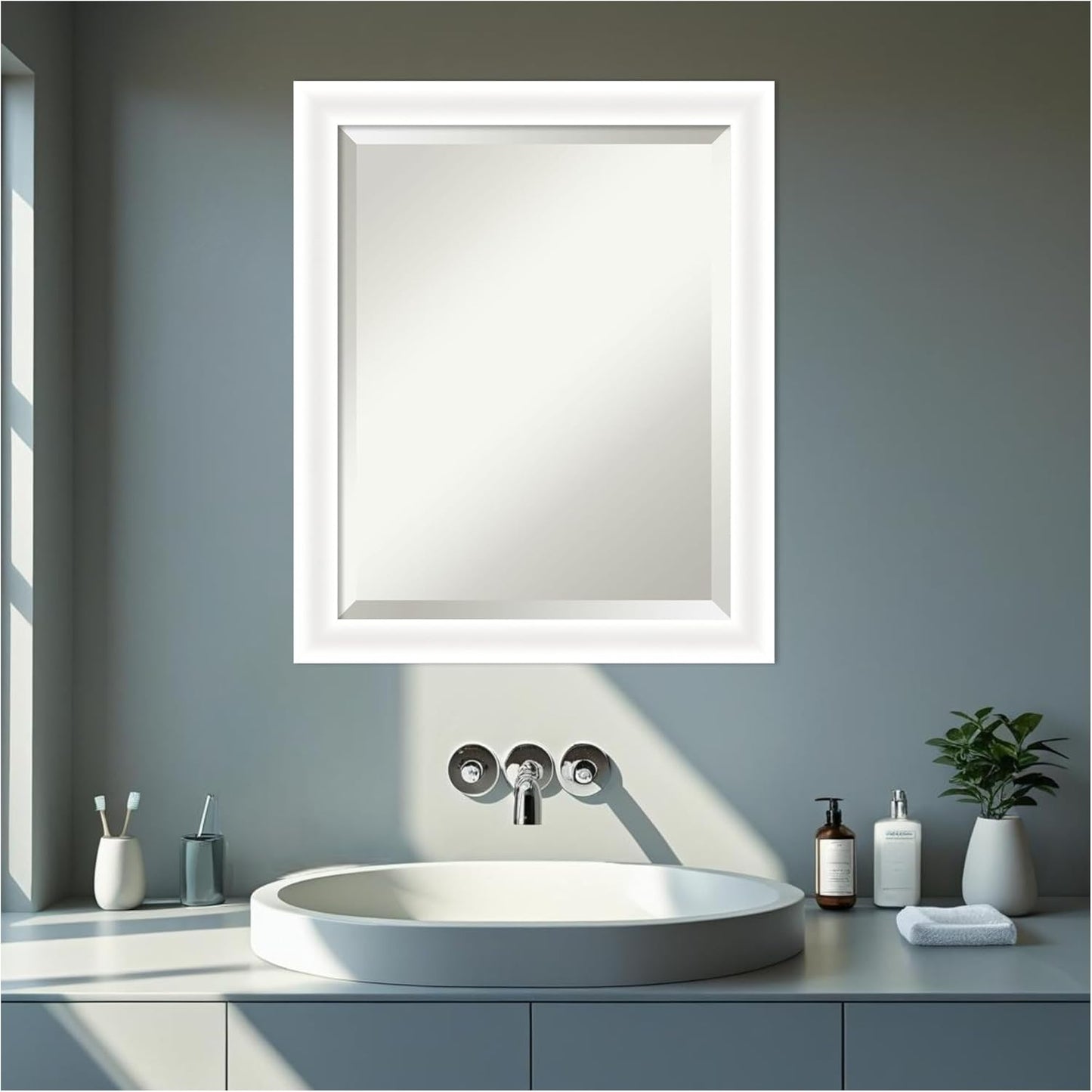 Amanti Art White Bathroom Mirror for Over Sink, 23x19 Oliver White Narrow Rectangle Vanity Mirror, Small Modern Wood Frame, Hangs Horizonally and Vertically, Bathroom Wall Decor, Beveled Edge