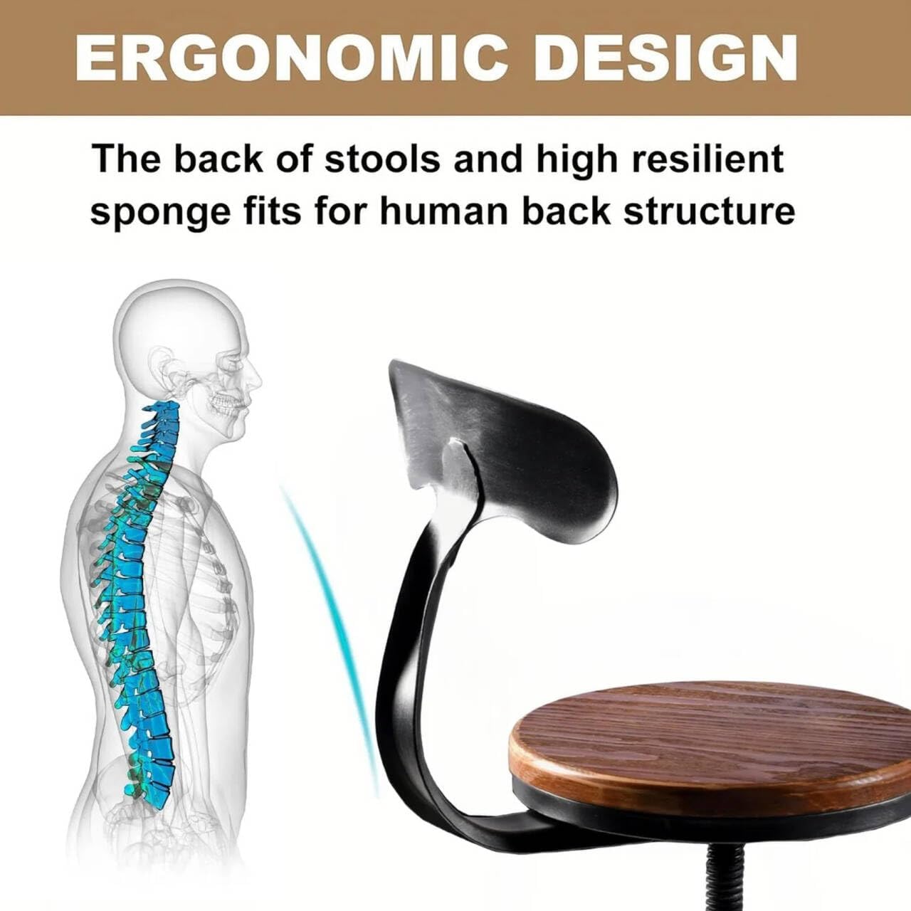 Diwhy Industrial Vintage Bar Stool, Kitchen Counter Height Adjustable Pipe Chair, Cast Iron Stool, Swivel Bar Stool with Backrest, Silver, Fully Welded Set of 2 Brown Wood Seat