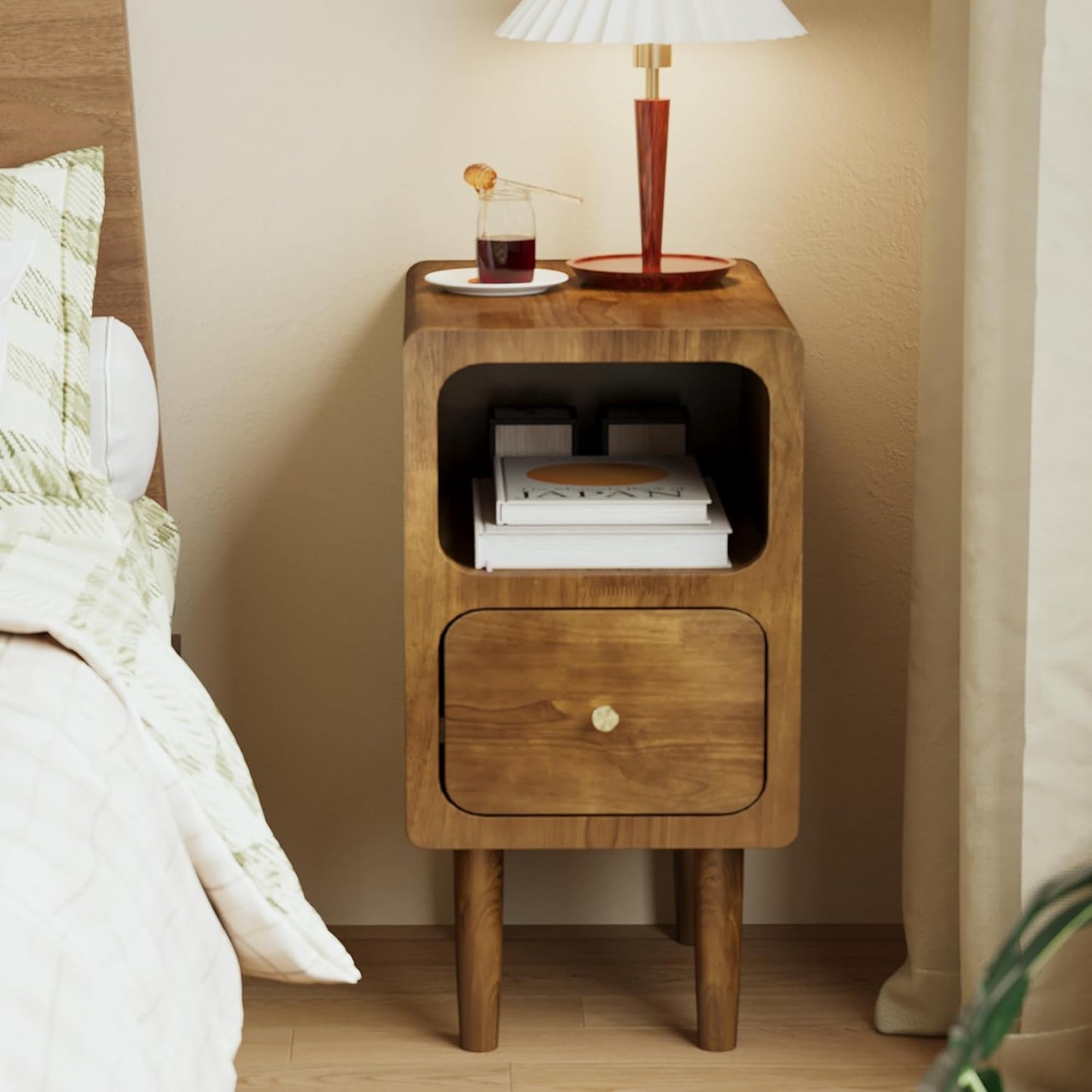 Narrow Nightstand, Solid Wood Night Stand with Drawers, Walnut Mid Century Modern Nightstand, Small Beside Table with Open Storage Shelf for Bedroom (12 inch)