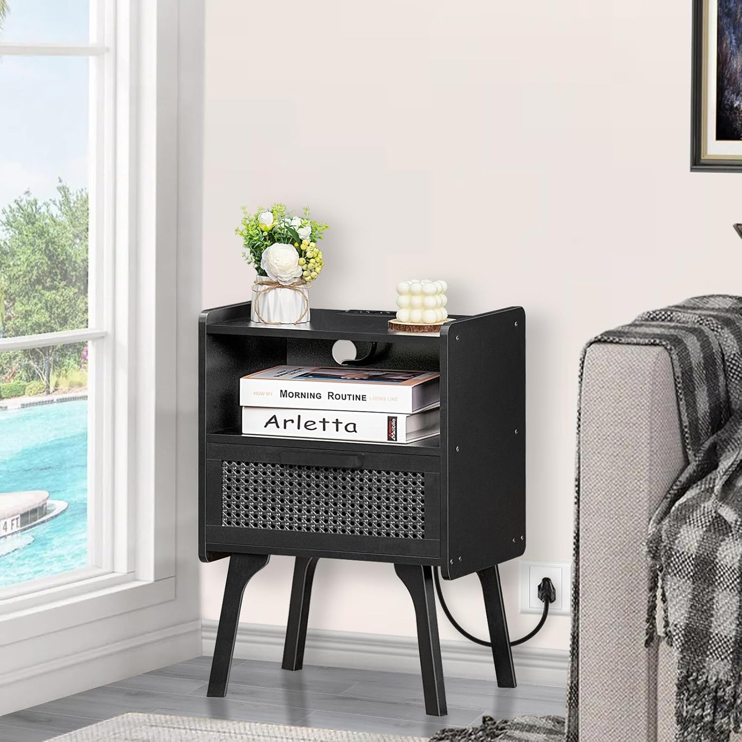 Lerliuo Rattan Nightstand with Charging Station, Side Table with Drawer Open Shelf, Cane Bedside End Table with Solid Wood Legs, Mid Century Night Stand for Bedroom, Dorm and Small Spaces (Black)