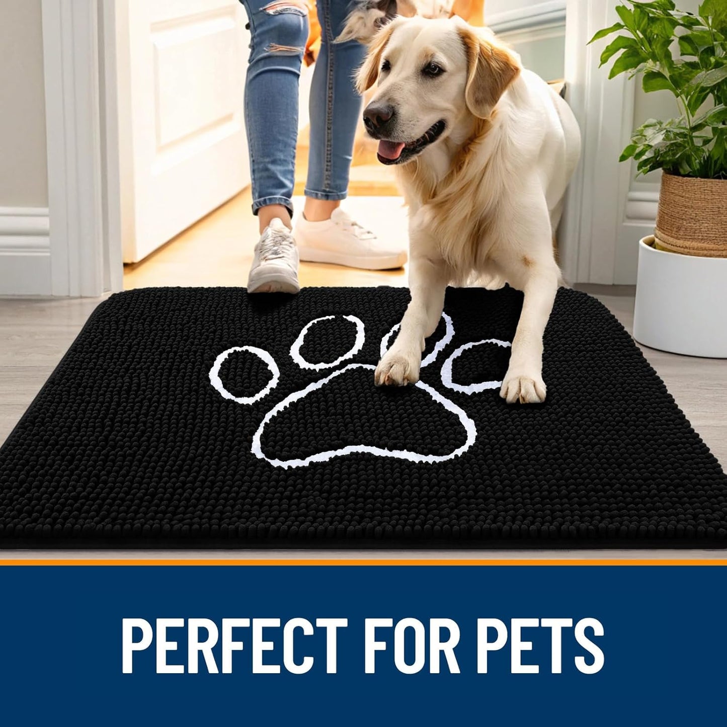 OLANLY Door Mat for Muddy Dog Paws 48x30, Ultra Absorbent Chenille Mud Doormat with Paw Print Design, Non-Slip Washable Doormat for Indoor Entryway, Quick-Dry Pet Bed Mats for Dirty Dogs, Black
