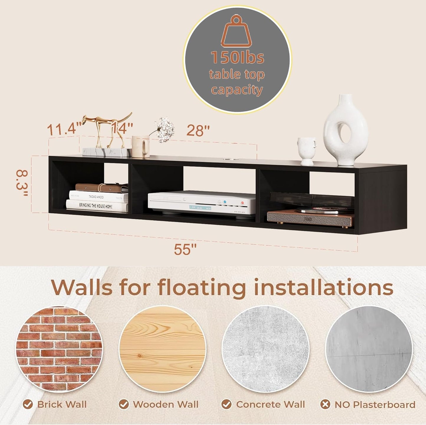 55" Floating TV Stand Modern Floating TV Console Wall Mounted Entertainment Center with Open Storage Cabinet Storage for Living Room Bedroom, Black