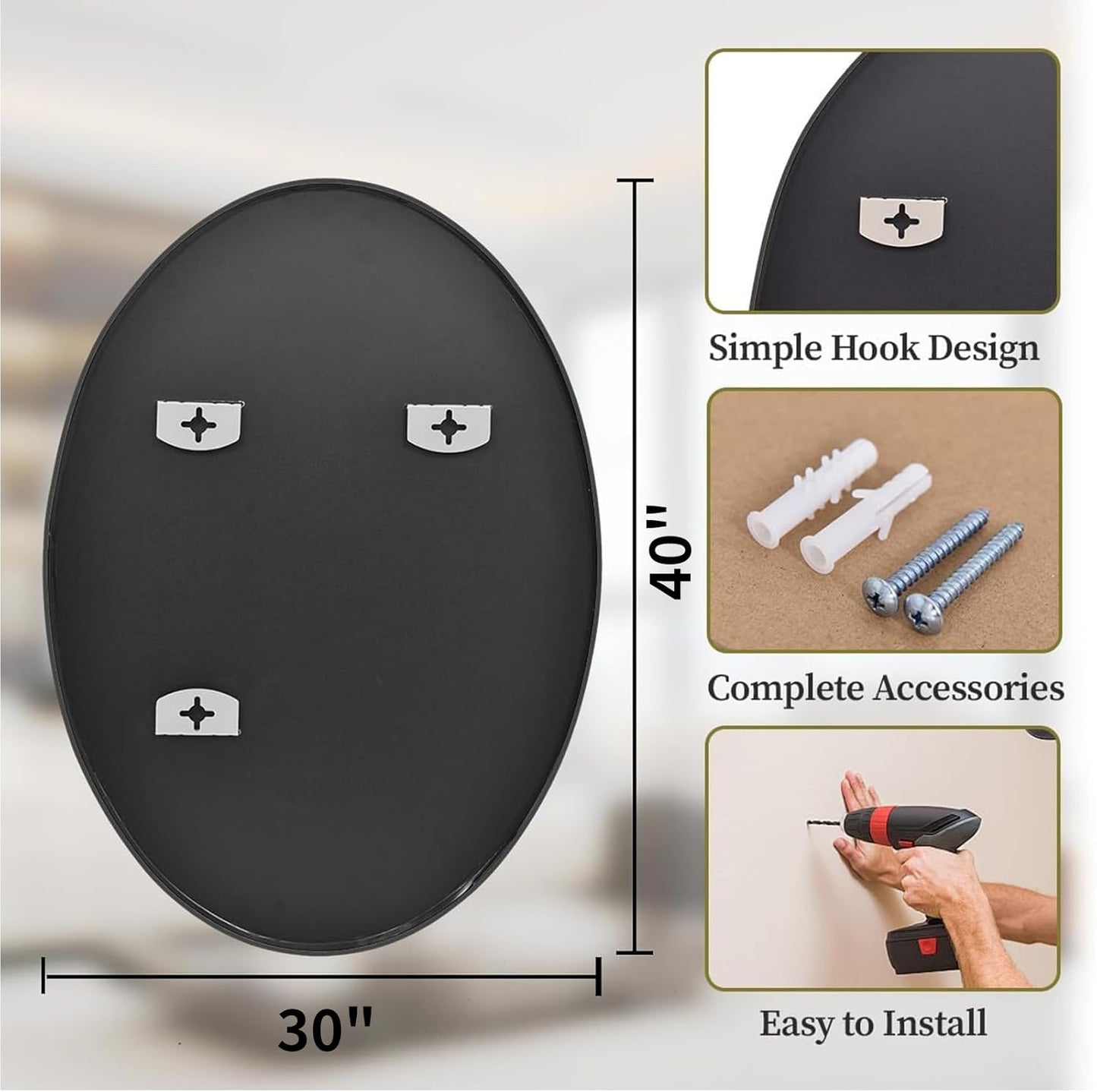 Koonmi Black Oval Bathroom Mirror, 30"x40" Bathroom Vanity Mirror, Oval Mirror for Bedroom Living Room Entryway, Hangs Horizontal or Vertical