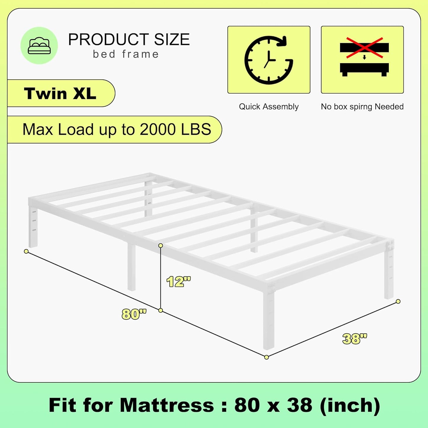 12 Inch Twin XL Bed Frames, Heavy Duty Metal Bed Frame Twin XL, No Box Spring Needed, Easy Assembly, Noise-Free, White