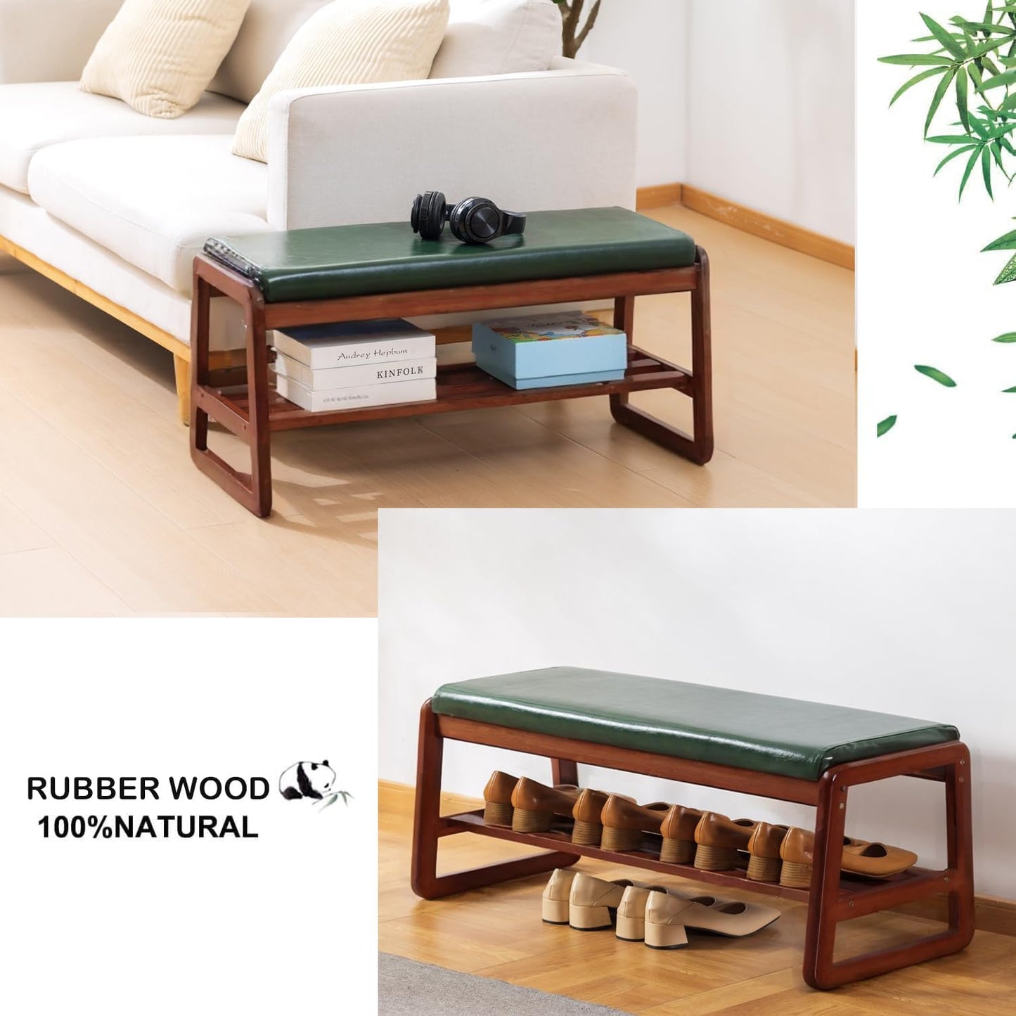 latifolia Solid Wood Bench, Entryway Shoe Bench with Cushion, 2 Tier Shoe Storage Organizer for Hallway, Living Room(Green,39.70''L)