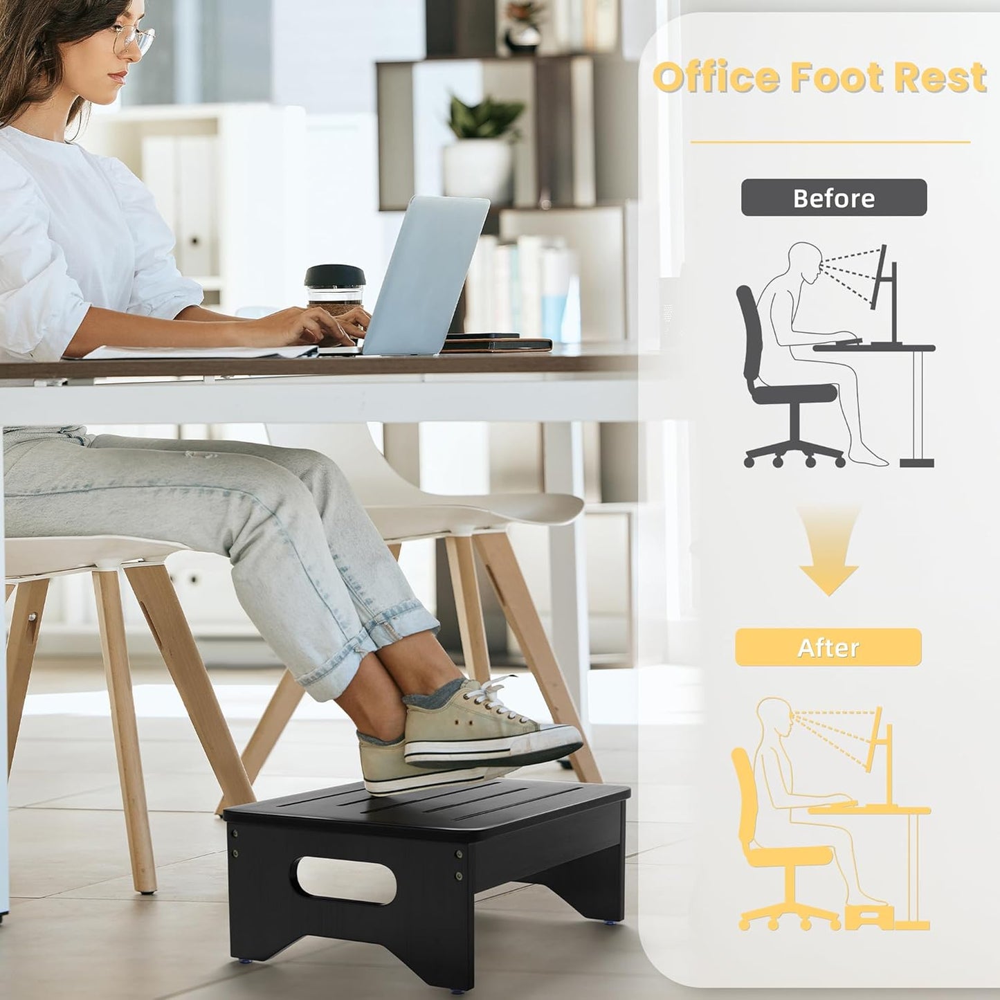 Wooden Step Stool for Adults & Kids, Non-Slip Rubber Feet, 6.5 Inch High, Lightweight Small Step, 400 Lbs Capacity, Bed Step Stool for High Bed, Bathroom & Kitchen, Black