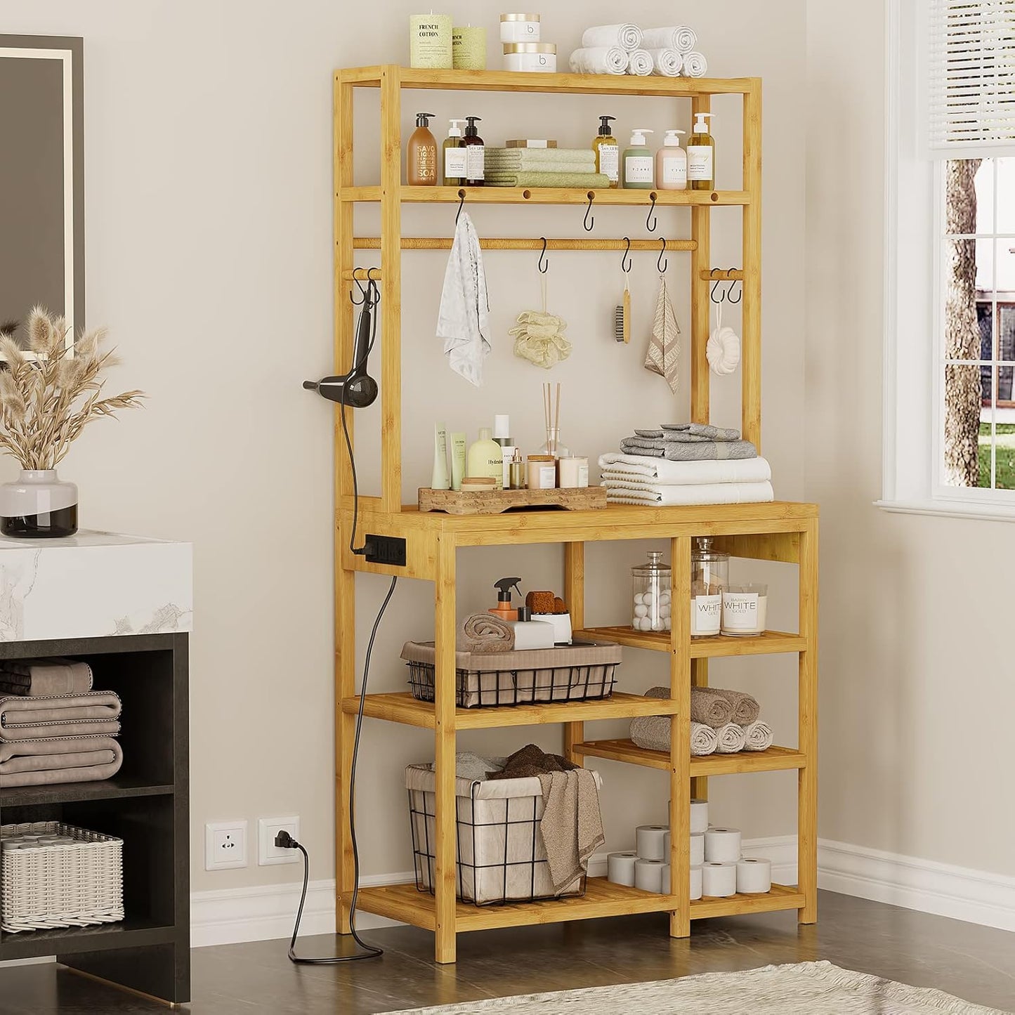 Bakers Rack with Power Outlets, 8-Tier Microwave Stand, Kitchen Utility Storage Shelf 10 S-Shaped Hooks, Coffee Bar Table Station, Standing Rack, 31.5 x 15.7 x 65 Inches, Bamboo