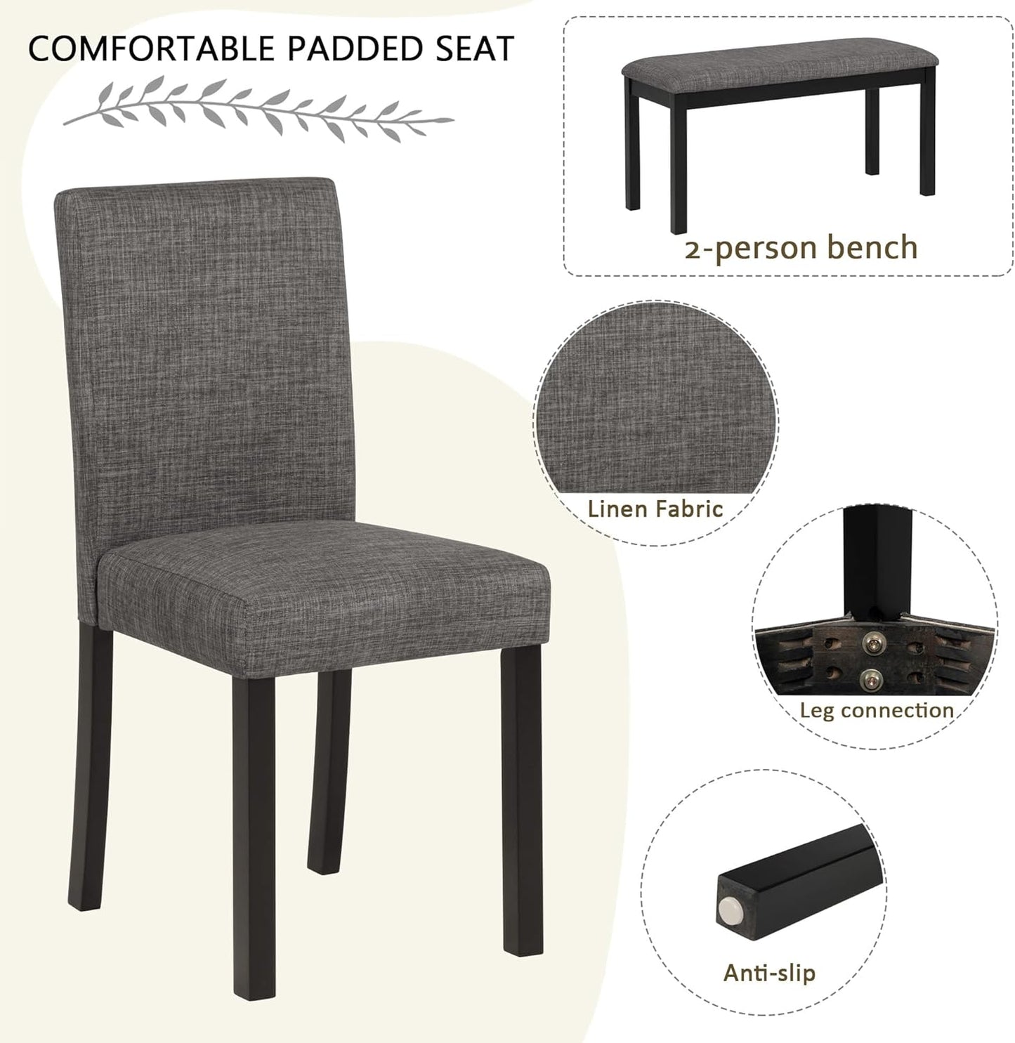 soges 6-Piece Kitchen Dining Table Set with Bench and Chairs, Dining Table Set for 6 with Bench, Wooden Table Set for Kitchen, Dining Room, Grey