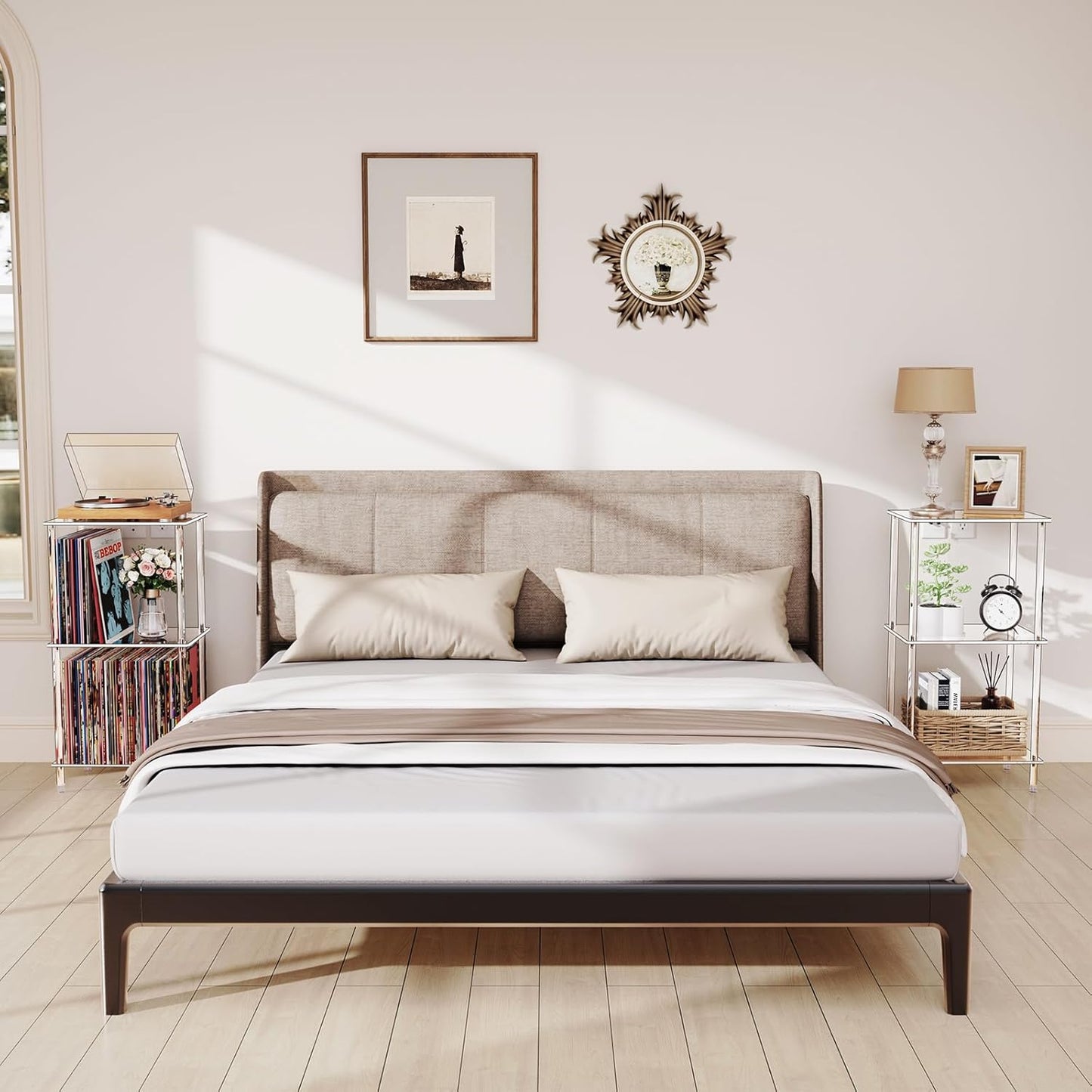 Acrylic Record Player Stand Set of 2, 3-Tier Clear Turntable Table with Vinyl Record Storage, 15.75" L x 11.81" W x 30.7" H, Tall Modern Side Table/End Table for Living Room, Bedroom