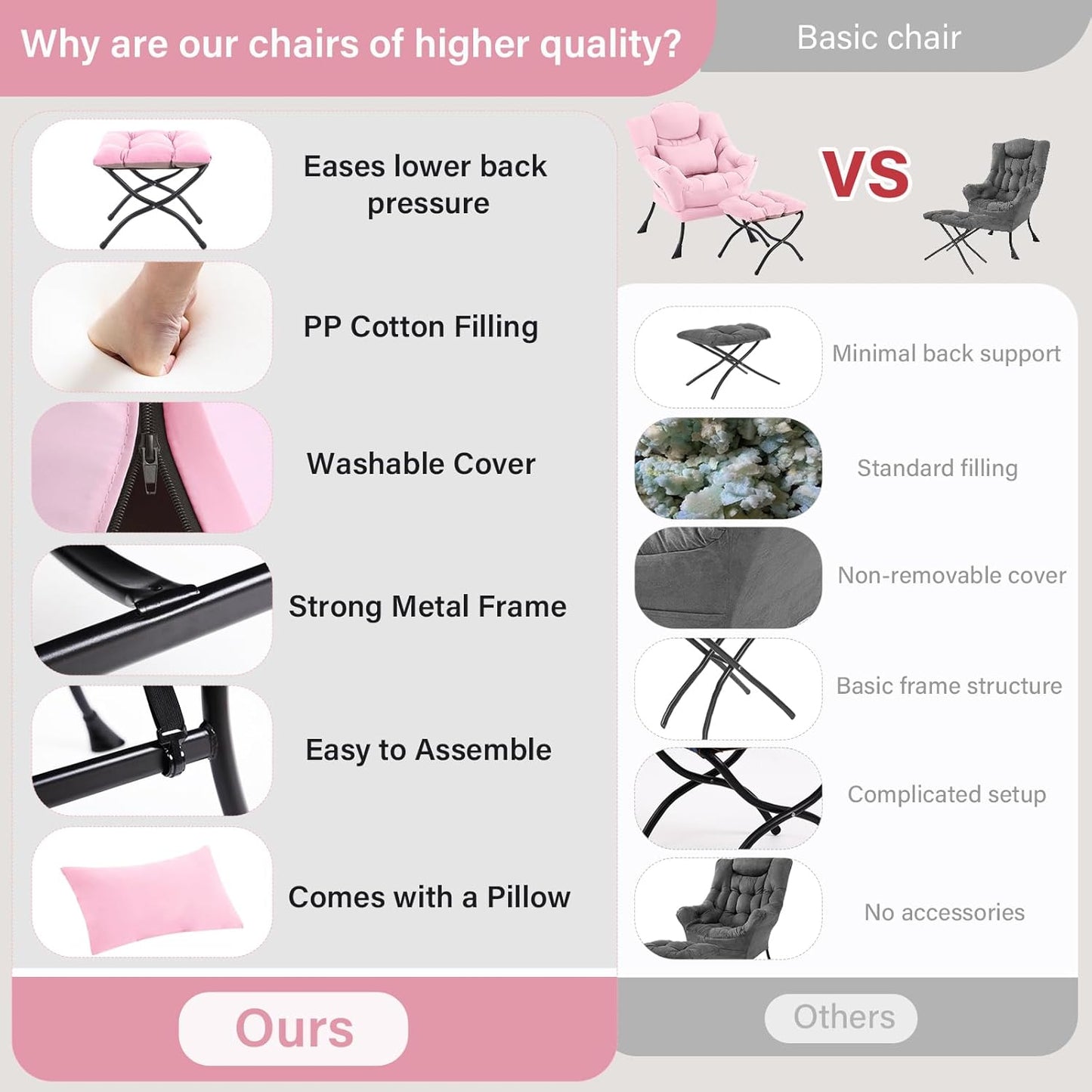 Lazy Chair with Ottoman, Modern Lounge Chair with Lumbar Pillow, Accent Cozy Reading Armchair and Folding Footstool for Bedroom, Dorm, Living Room,Pink